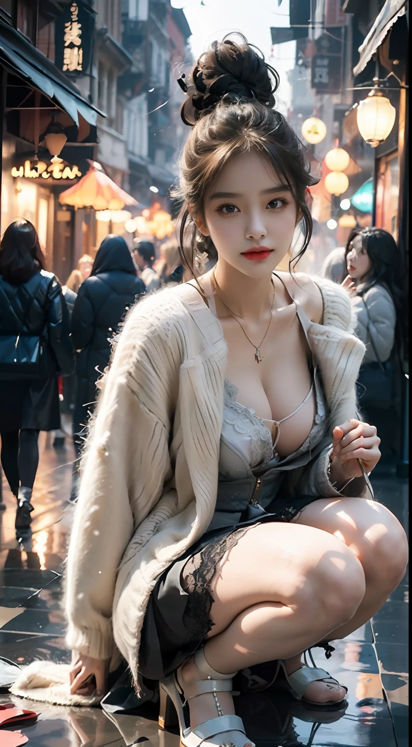 ((best qualtiy,tmasterpiece,超高分辨率)),(realisticlying:1.4),(Korean star poster-like),1girll,From head to knees,Dynamic posture,adult face,Slim,(ssmile),(shiny skins),(contours,frontage,eventide),whaite hair,long whitr hair,黑The eye,(big cleavage breasts),Top fashion,((White plush coat)),Lace,(short skirt),(nevando:1.5,pedestrian street,The city in winter),(Clear eyes),(Clear nose),(Clear lips),(Fair skin),(Ultra-realistic textile textures)
