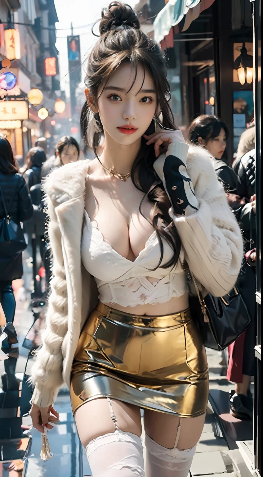 ((best qualtiy,tmasterpiece,超高分辨率)),(realisticlying:1.4),(Korean star poster-like),1girll,From head to knees,Dynamic posture,adult face,Slim,(ssmile),(shiny skins),(contours,frontage,eventide),whaite hair,long whitr hair,黑The eye,(big cleavage breasts),Top fashion,((White plush coat)),Lace,(short skirt),(nevando:1.5,pedestrian street,The city in winter),(Clear eyes),(Clear nose),(Clear lips),(Fair skin),(Ultra-realistic textile textures)