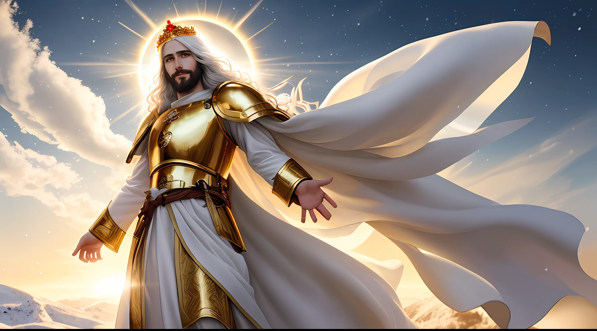 Jesus second coming in the heavens, face like the midday sun, crown, a tunic and a golden breastplate, hair as white as snow, eyes as flames of fire, feet as refined bronze in the furnace, light smile, Surrealism, backlighting, cinematic lighting, high quality, high details, best quality