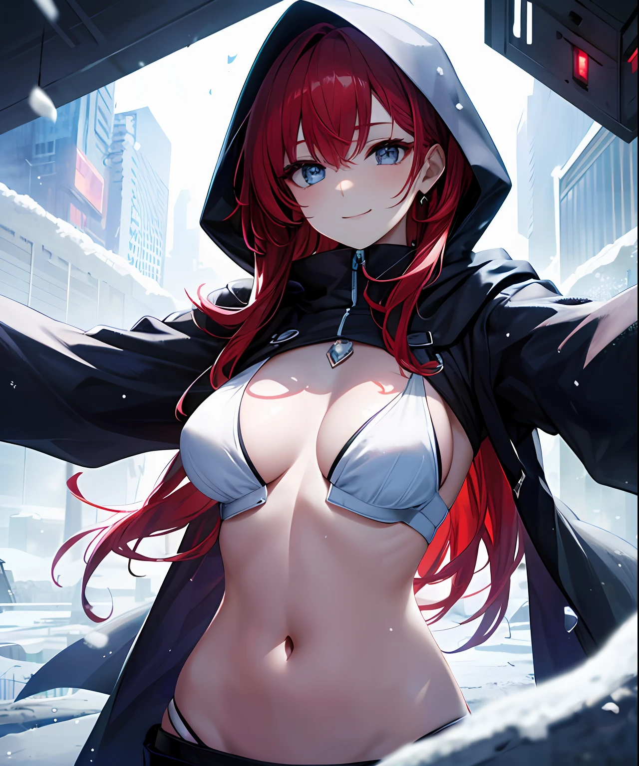 (masterpiece、top-quality)、独奏、1womanl、Red hair、Longhaire、Blue eyes、A smile、dressed casually、Wearing a hood、Breasts are protruding、Navel、White skin as clear as snow、Fantastical、Futuristic city、Near Future Background、natta