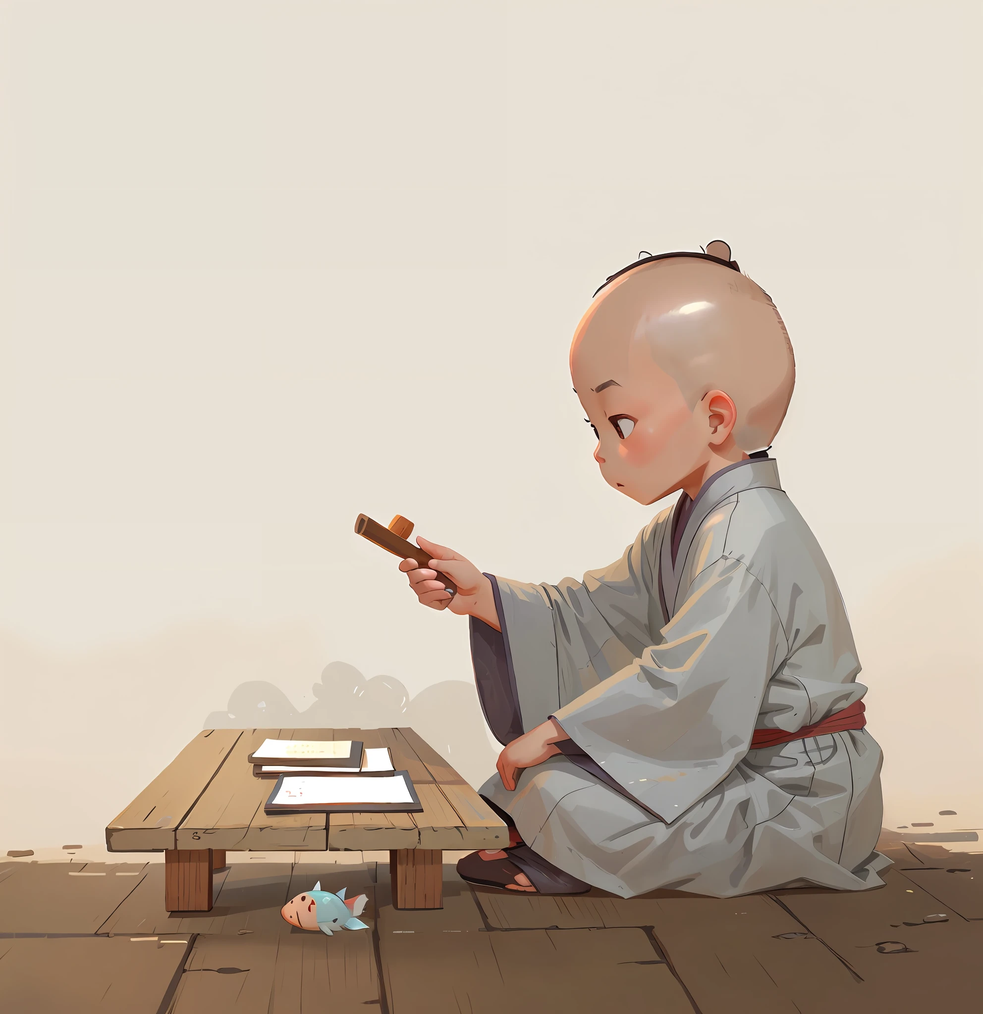 A small monk，bald-headed，Wearing a gray Chinese ancient robe，Sit cross-legged on the ground，Knock wooden fish in your hand，Chanting，Turn sideways directly to the camera