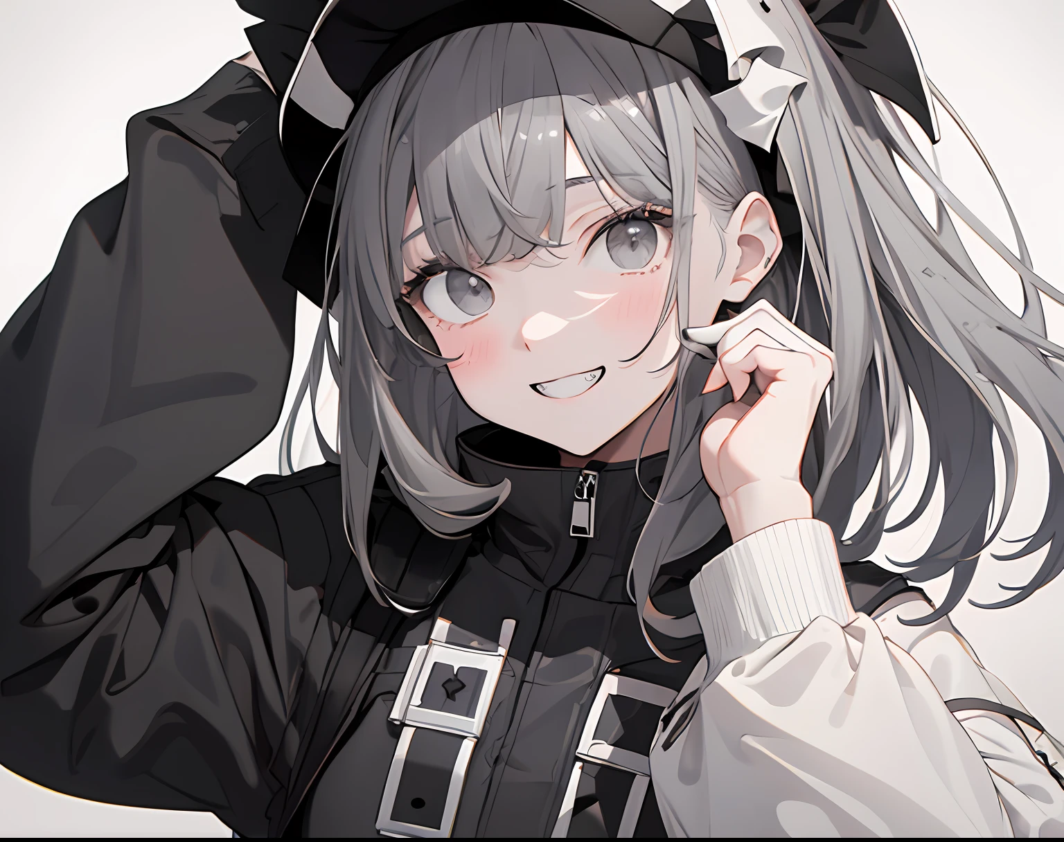 【Highest Quality, masutepiece】 [girl, Manteau, expressioness, Black eyes, front facing, Black hair, Walking, Upper body] (Gray white background:1.7), smile with teeth
