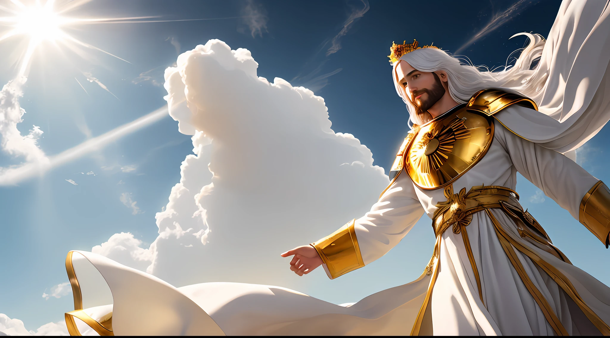 Jesus second coming in the heavens, face like the midday sun, crown, a tunic and a golden breastplate, hair as white as snow, eyes as flames of fire, feet as refined bronze in the furnace, light smile, Surrealism, backlighting, cinematic lighting, high quality, high details, best quality