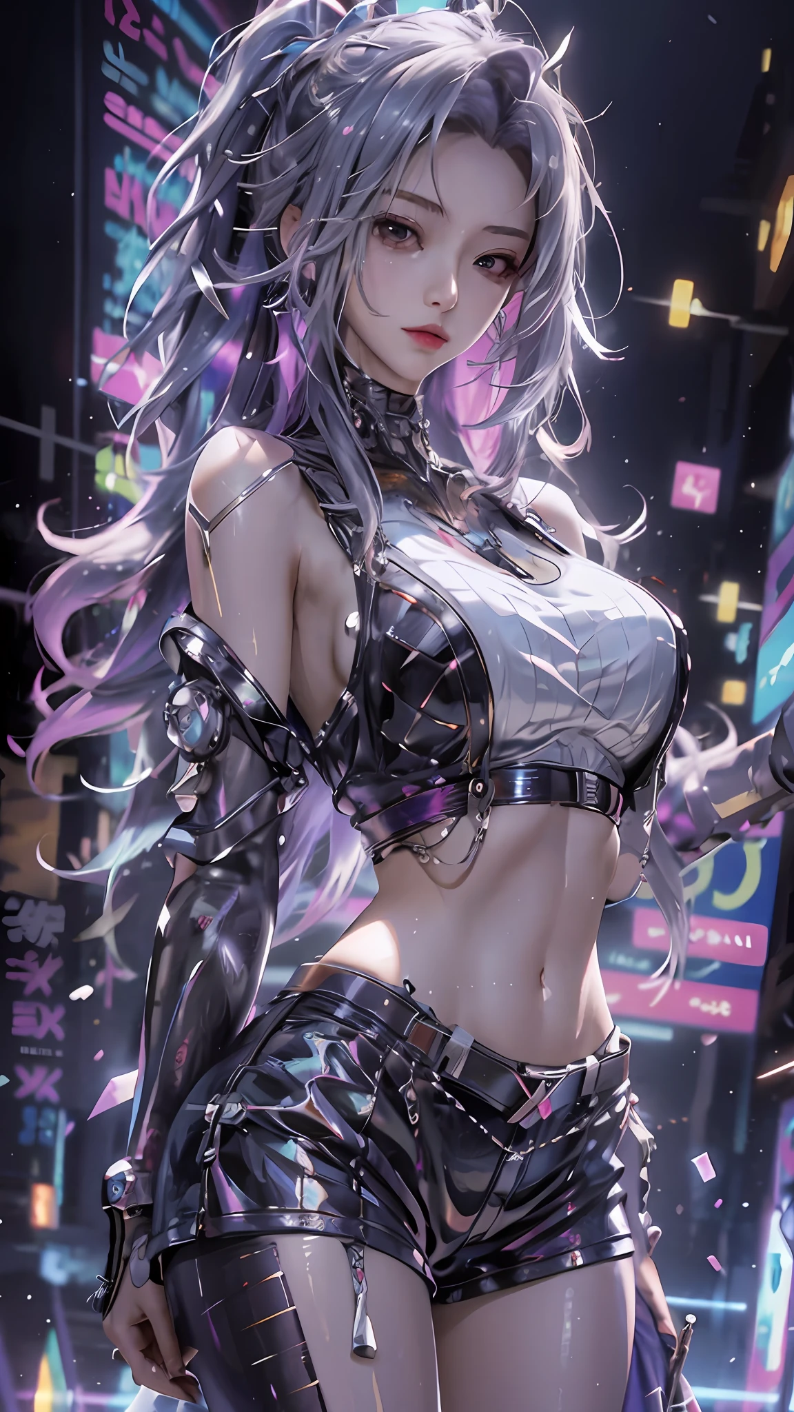 a close up of a woman in a short skirt and a top, Best anime 4k konachan wallpaper, Detailed digital anime art, 8K high quality detailed art, Digital cyberpunk anime art, cyberpunk anime girl, digitl cyberpunk - anime art, advanced digital anime art, female cyberpunk anime girl, cyborg - girl with silver hair, Badass anime 8 K, digital advanced anime art