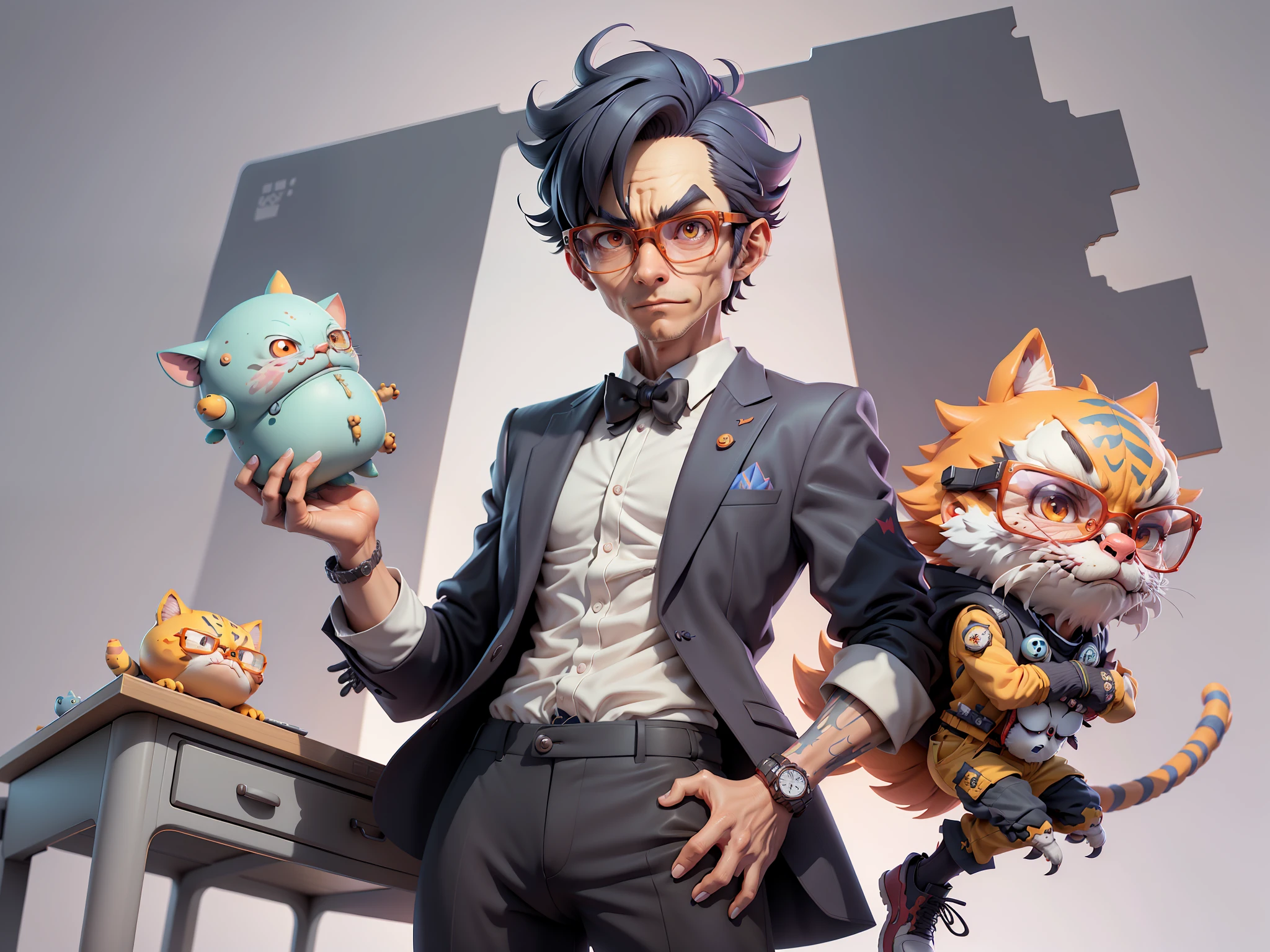 A young man in a suit and pants, Short hair and glasses sat at his desk,holding laptop,digitial painting,tigre,3D character design by Mark Clairen and Pixar and Hayao Miyazaki and Akira Toriyama,4K HD illustration,Very detailed facial features and cartoon-style visuals。