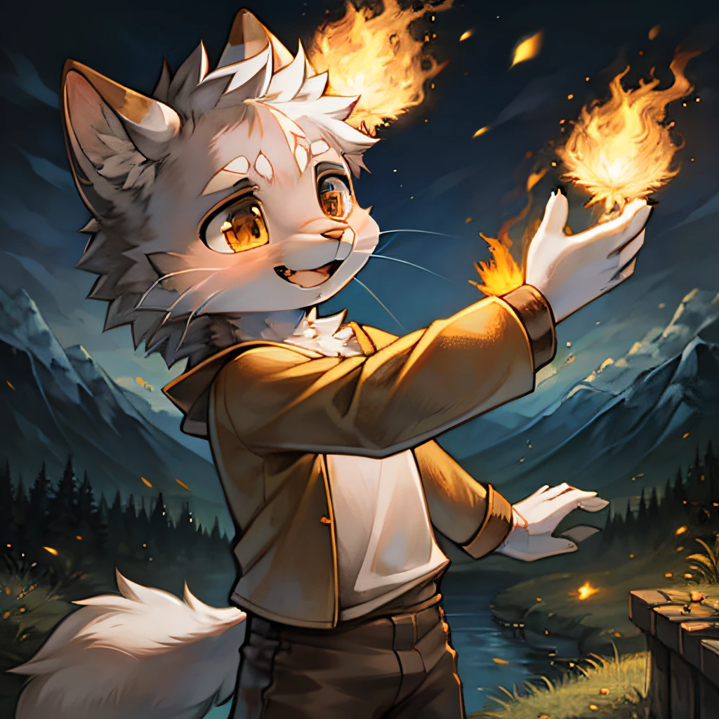 masterpiece, high quality landscape, realistic, anthro, furry, silver fur, (cub), (whiskers), child, solo boy, wearing burnt clothes, (laughing), full shot, ((magic)), shooting fireballs, (by kekitopu)