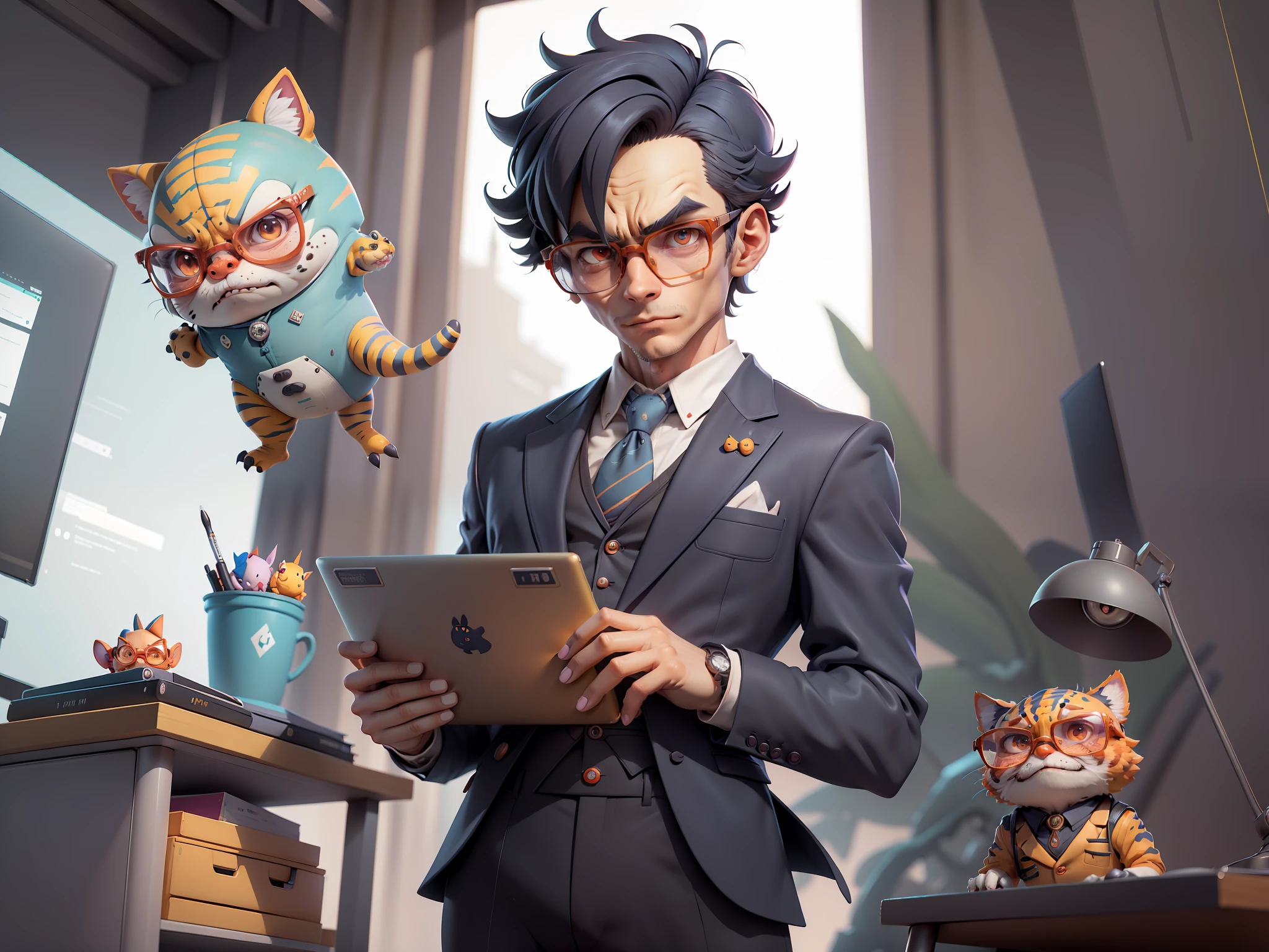 A young man in a suit and pants, Short hair and glasses sat at his desk,holding laptop,digitial painting,tigre,3D character design by Mark Clairen and Pixar and Hayao Miyazaki and Akira Toriyama,4K HD illustration,Very detailed facial features and cartoon-style visuals。
