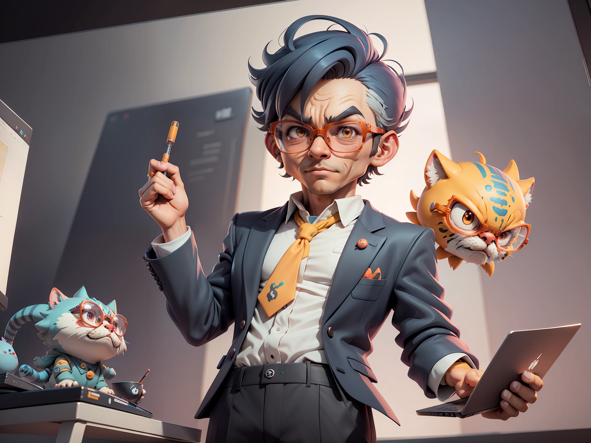 A young man in a suit and pants, Short hair and glasses sat at his desk，holding laptop，digitial painting，tigre，3D character design by Mark Clairen and Pixar and Hayao Miyazaki and Akira Toriyama，4K HD illustration，Very detailed facial features and cartoon-style visuals。