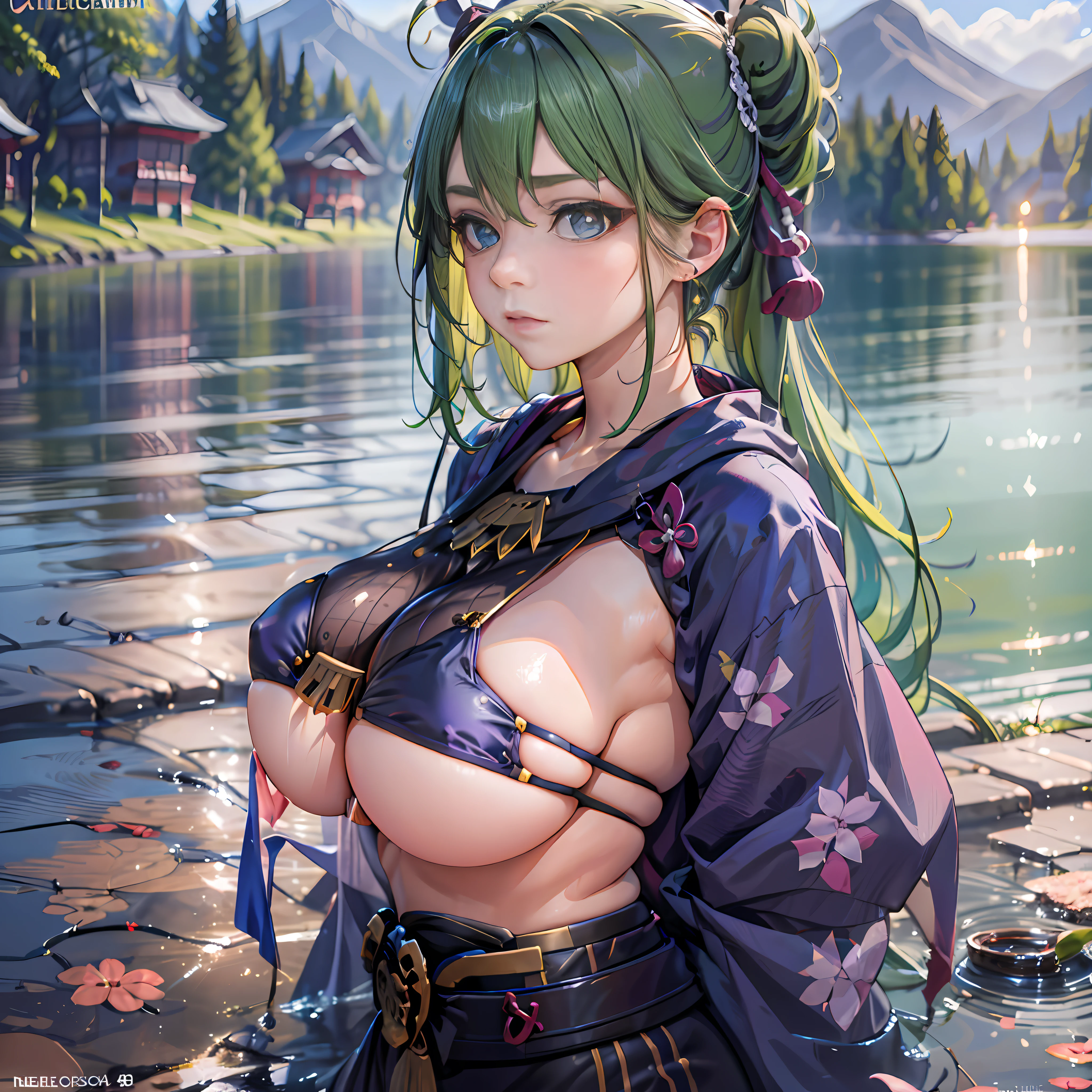 (NSTDA.:1.2), (10, beste-Qualit, master-piece: 1.4), ultra-high resolution, (lifelike, photorealistic portrait: 1.48), 20 age, Cute Girl, (See through the microcolor bikini beetle:1.11), Famous Japanese actors, gigantic breasts, Blue Eyes, Head tilt, cowboy shot, from the side, looking at the audience, expressionless, Beautiful lake, Zeiss 150mm F/ 2.8 Hasselblad, In Japanese shrines, Whole body, foot, Ultra-Wide Angle