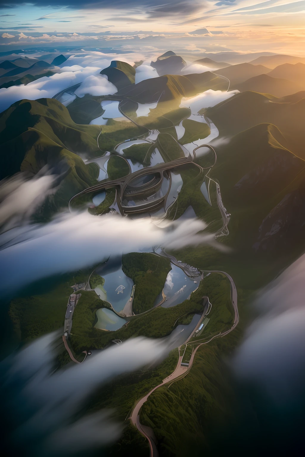 aerial shot,overlooks,mountain peaks,(rios),Meandering,Clouds,(Complicated details),hdr,(Complicated details,hyperdetailed:1.2),Cinema lenses,Vignette,at centre