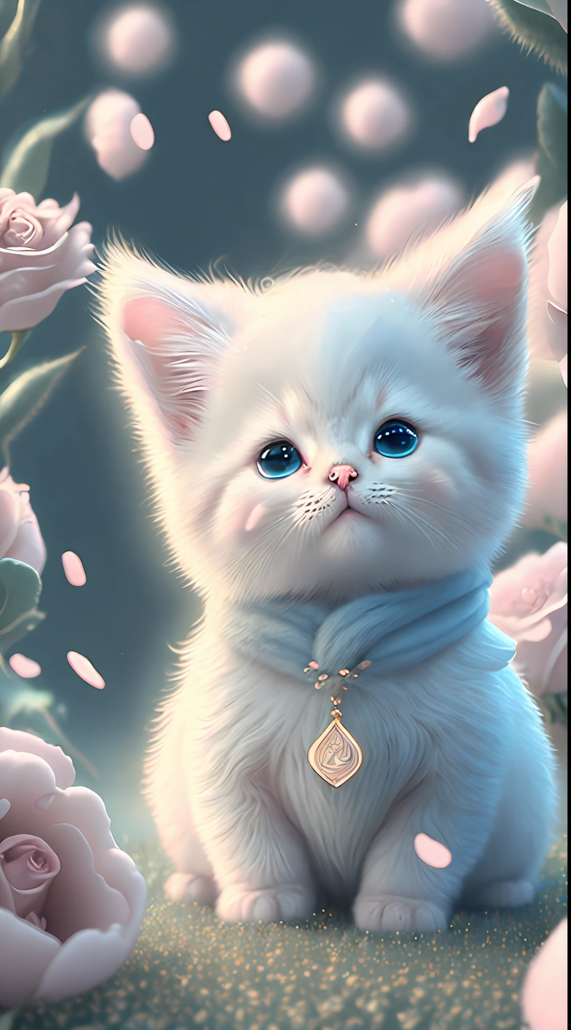 In this ultra-detailed CG art, cute kittens surrounded by ethereal roses, laughter, best quality, high resolution, intricate details, fantasy, cute animals, open mouths, laugh!!