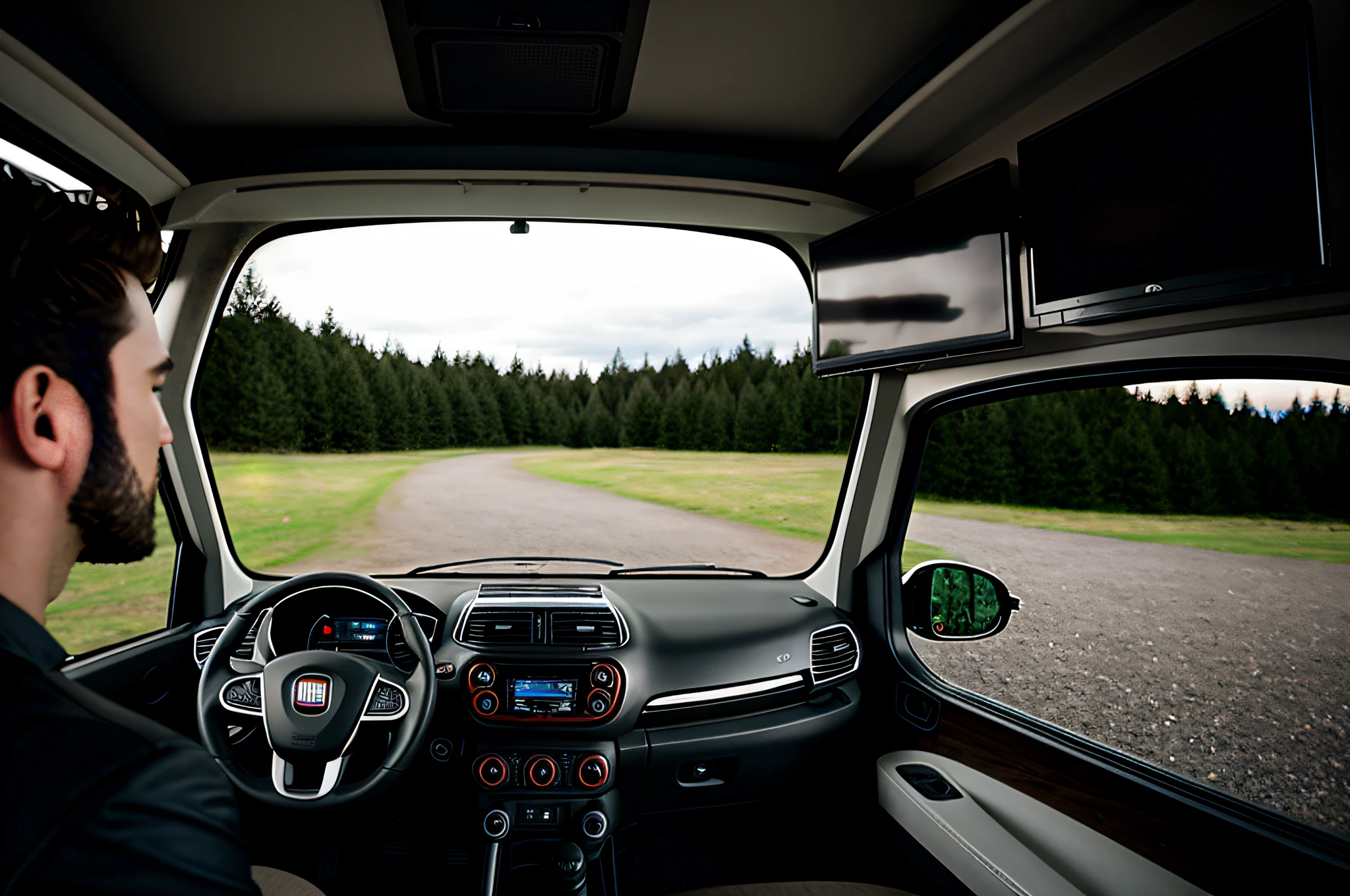 photorealistic, (8k, RAW photo, best quality, masterpiece:1. 2), (realistic, photo-realistic:1. 37), ultra-detailed, natural sun lighting, shadows, cinematic atmosphere, photograph, focal length.[I'm sitting behind the wheel of a Fiat DUCATO 2023 caravan]:1.2,
[The Caravan is parked in a park, through the front window I see a film being broadcast on a large outdoor stage.]:1.3,
[In the center of the park, there is a large outdoor stage where films are projected for people to watch from inside the caravans]:1,2,
Outside I also see many different caravans that are also facing the stage watching the film]:1.4.