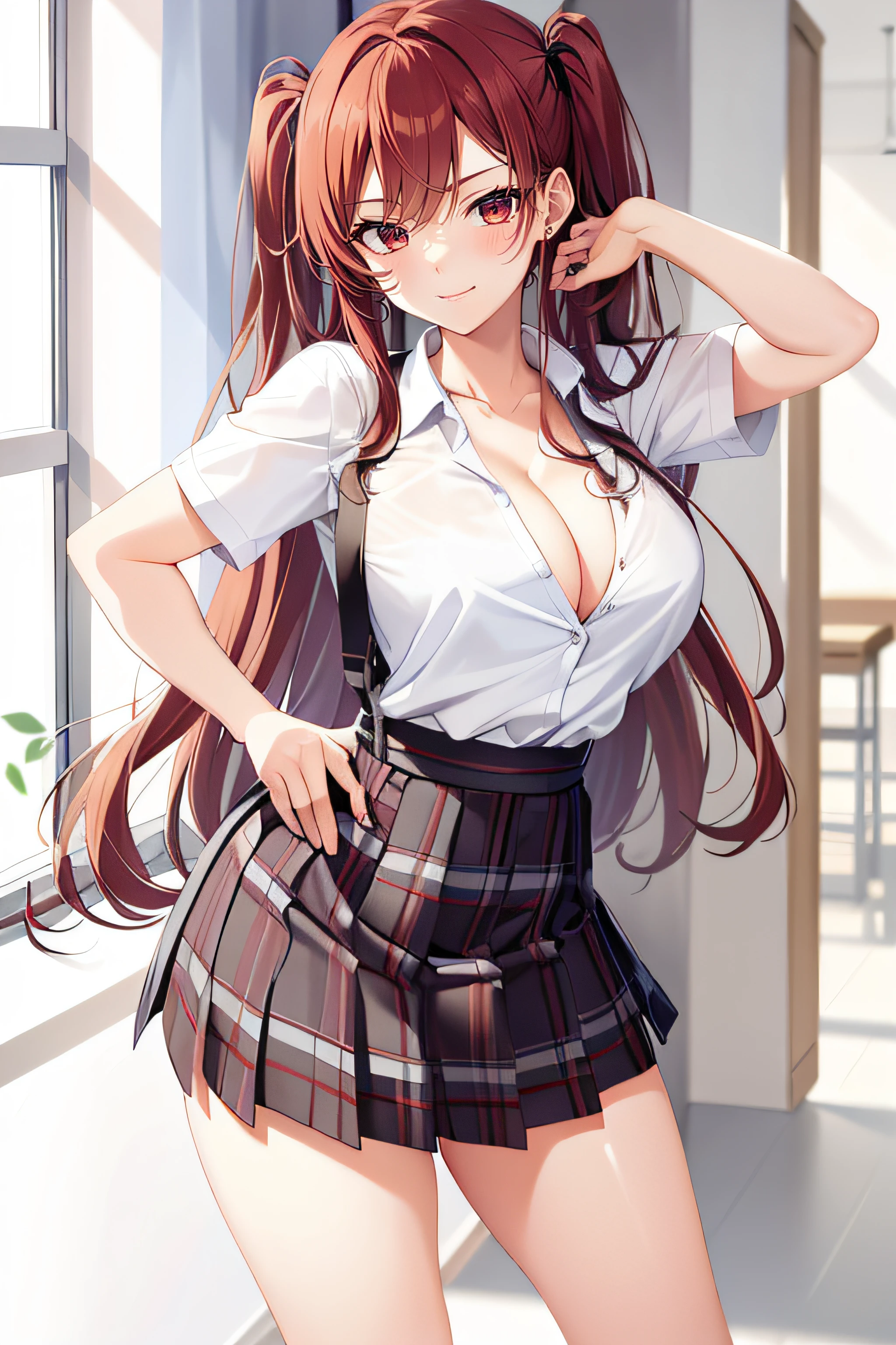 masterpiece, best quality, absurdres, perfect anatomy, 1girl, solo, Sena Kashiwazaki, st. chronica academy school uniform, dress shirt, plaid skirt, downblouse, cleavage, leaning forward, arms behind back, standing, smile, red hair, white eyes, long legs, plaid skirt, godess,