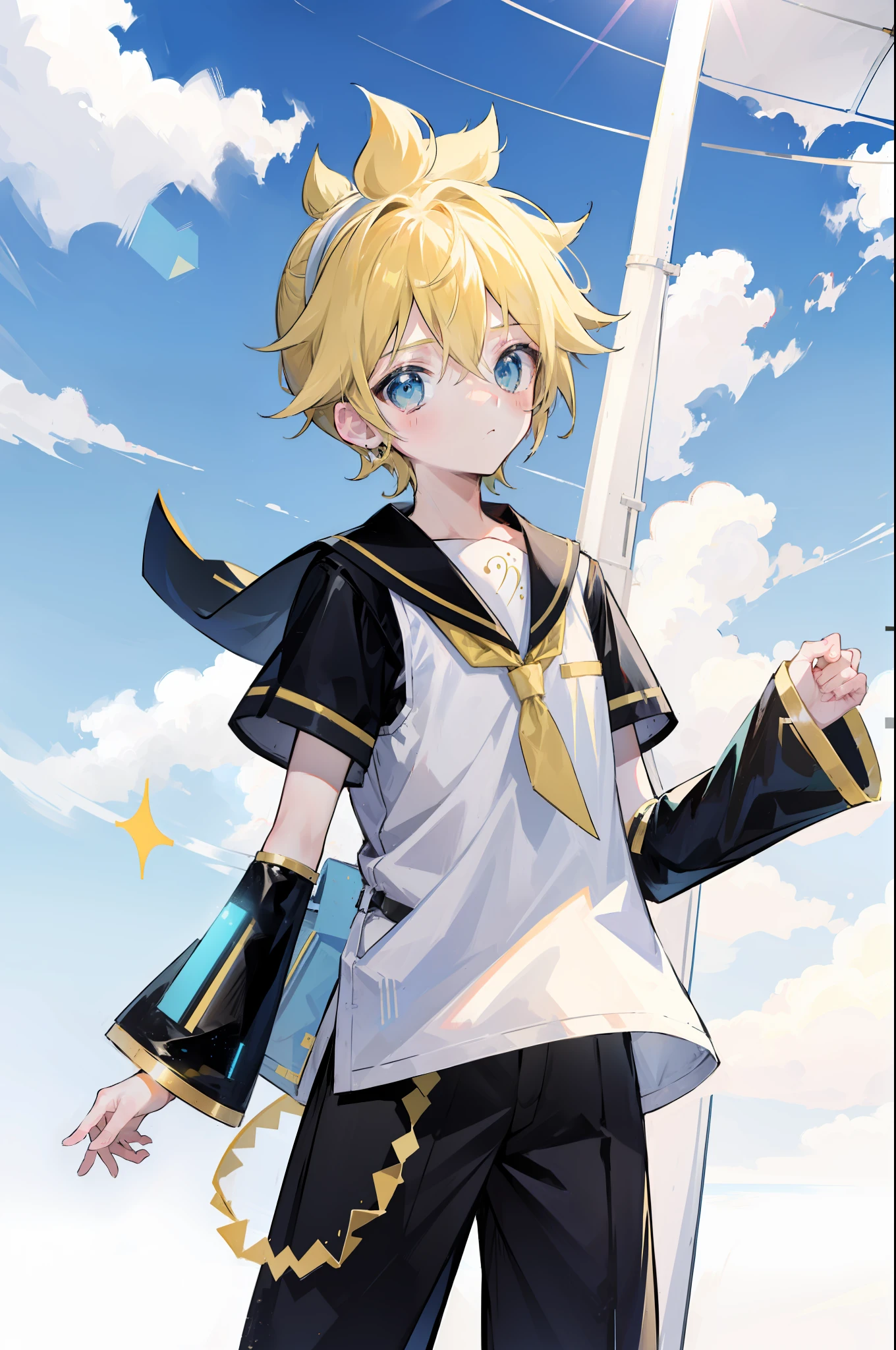 one boy, Len_Kagamine, pure, innocent, blush, sailor uniform, black short pants, outdoor, cowlick hair, cool, slender, handsome, character focus