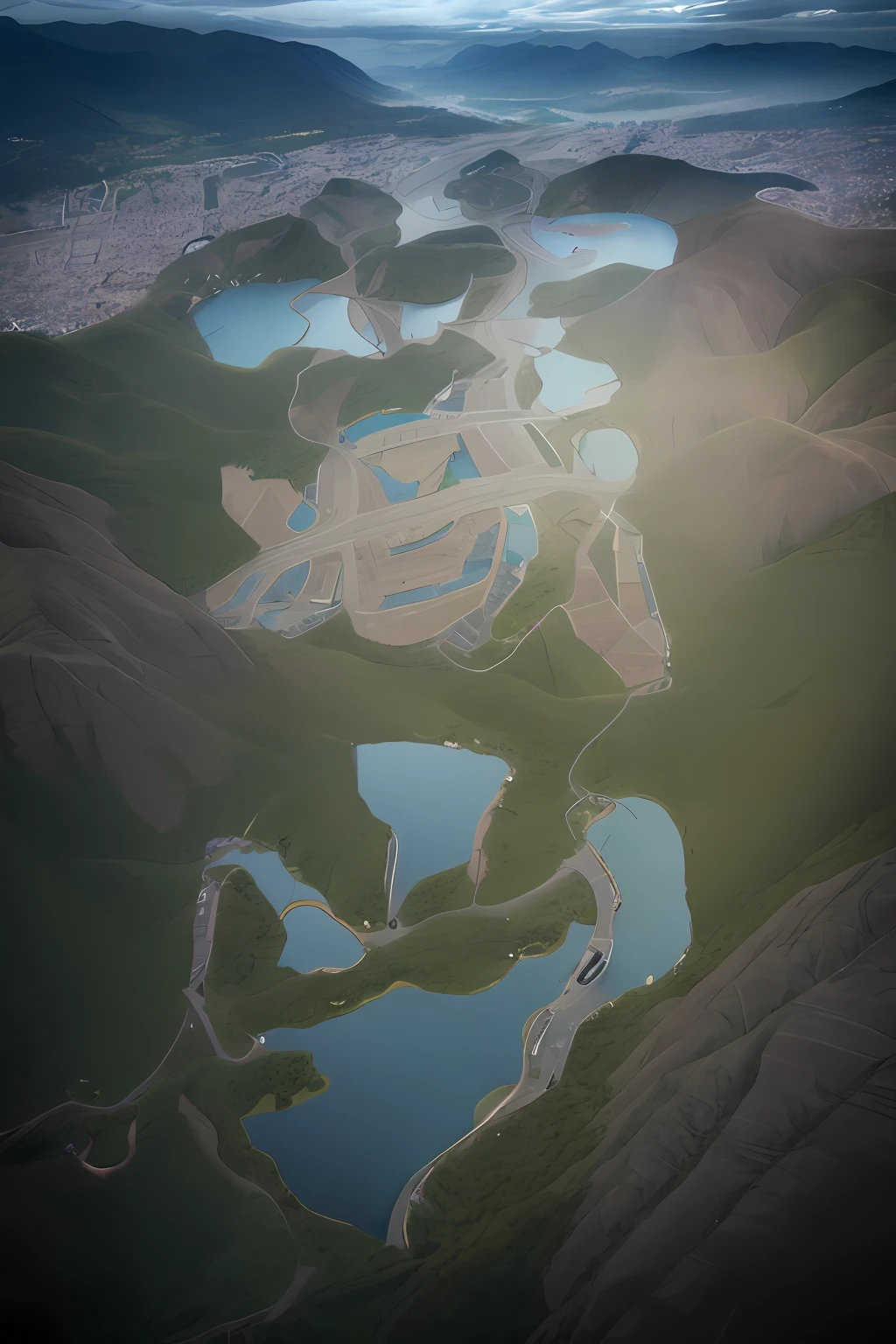 aerial shot，overlooks，mountain peaks，rios，Meandering，Clouds，(Complicated details)，hdr，(Complicated details，ultra - detailed:1.2)，Cinema lenses，Vignette，at centre