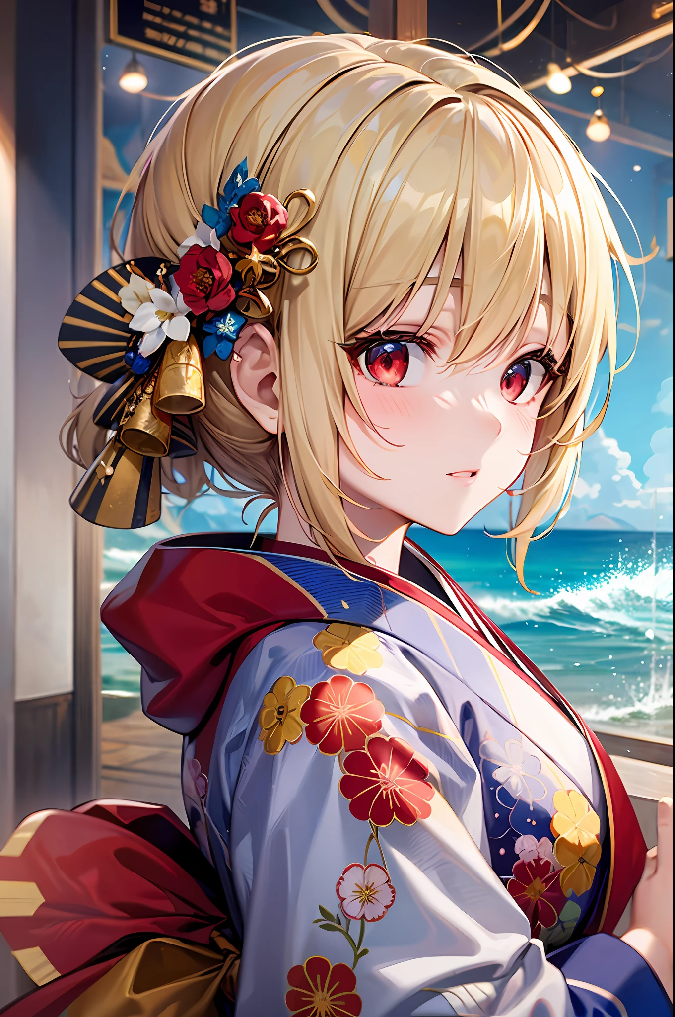 One blonde girl、red eyes、Light blue kimono、sea side