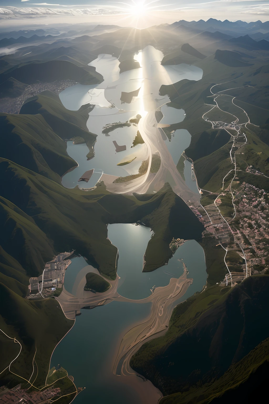 aerial shot，overlooks，mountain peaks，rios，Meandering，Clouds，(Complicated details)，hdr，(Complicated details，ultra - detailed:1.2)，Cinema lenses，Vignette，at centre