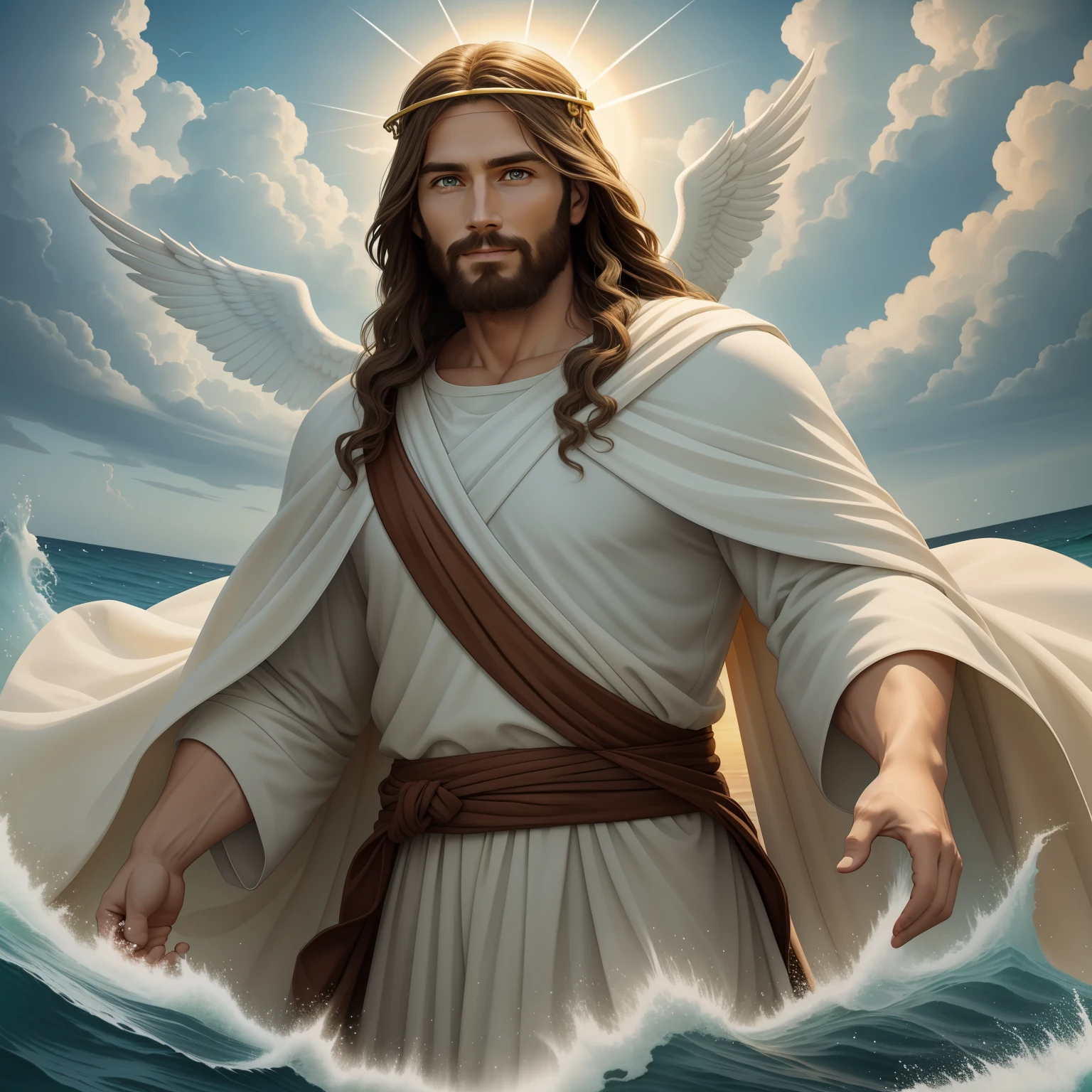 Real Jesus flying on sky with a flying cloud in the background, Jesus walking on water, biblical illustration, epic biblical representation, forcing him to flee, coming out of the ocean, ! holding in hand!, disembarking, god of the ocean, beautiful representation, 8k 3D Model, realistic,
a 3D Realistic of jesus with a halo in the sky, jesus christ, smiling in heaven, portrait of jesus christ, jesus face, 35 young almighty god, portrait of a heavenly god, greg olsen, gigachad jesus, jesus of nazareth, jesus, the face of god, god looking at me, he is greeting you warmly, he is happy, avatar image