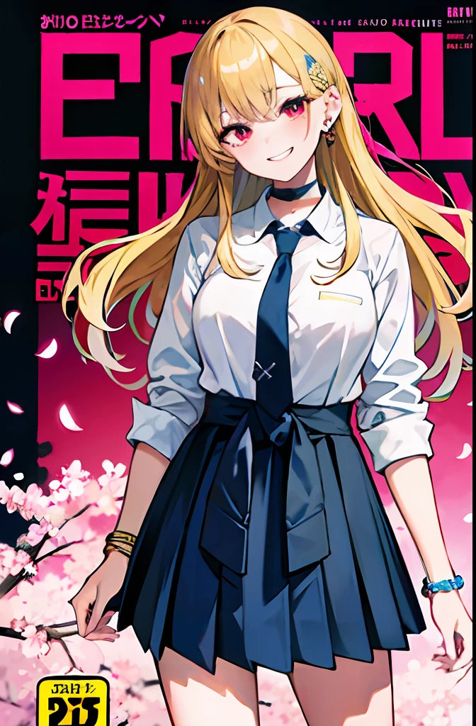 masterpiece, best quality, full body, 1girl, bangs, black choker, black necktie, blonde hair, blue skirt, blush, bracelet, breasts, choker, clothes around waist, collarbone, collared shirt, cowboy shot, dress shirt, ear piercing, eyebrows visible through hair, gradient hair, grin, gyaru, jewelry, kogal, long hair, looking at viewer, loose necktie, necktie, piercing, plaid, plaid skirt, pleated skirt, red eyes, ring, school uniform, shirt, skirt, smile, solo, white shirt, street, sky, cherry blossoms, petals,illustration, (magazine:1.3), (cover-style:1.3), fashionable, woman, vibrant, outfit, posing, front, colorful, dynamic, background, elements, confident, expression, holding, statement, accessory, majestic, coiled, around, touch, scene, text, cover, bold, attention-grabbing, title, stylish, font, catchy, headline, larger, striking, modern, trendy, focus, fashion,