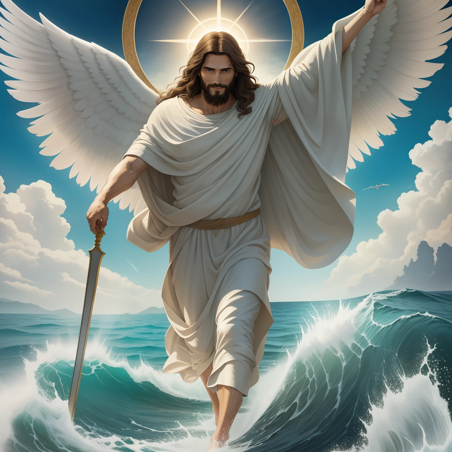 Real Jesus flying on sky with a flying cloud in the background, Jesus walking on water, biblical illustration, epic biblical representation, forcing him to flee, coming out of the ocean, ! holding in hand!, disembarking, god of the ocean, beautiful representation, 8k 3D Model, realistic,
a 3D Realistic of jesus with a halo in the sky, jesus christ, smiling in heaven, portrait of jesus christ, jesus face, 35 young almighty god, portrait of a heavenly god, greg olsen, gigachad jesus, jesus of nazareth, jesus, the face of god, god looking at me, he is greeting you warmly, he is happy, avatar image