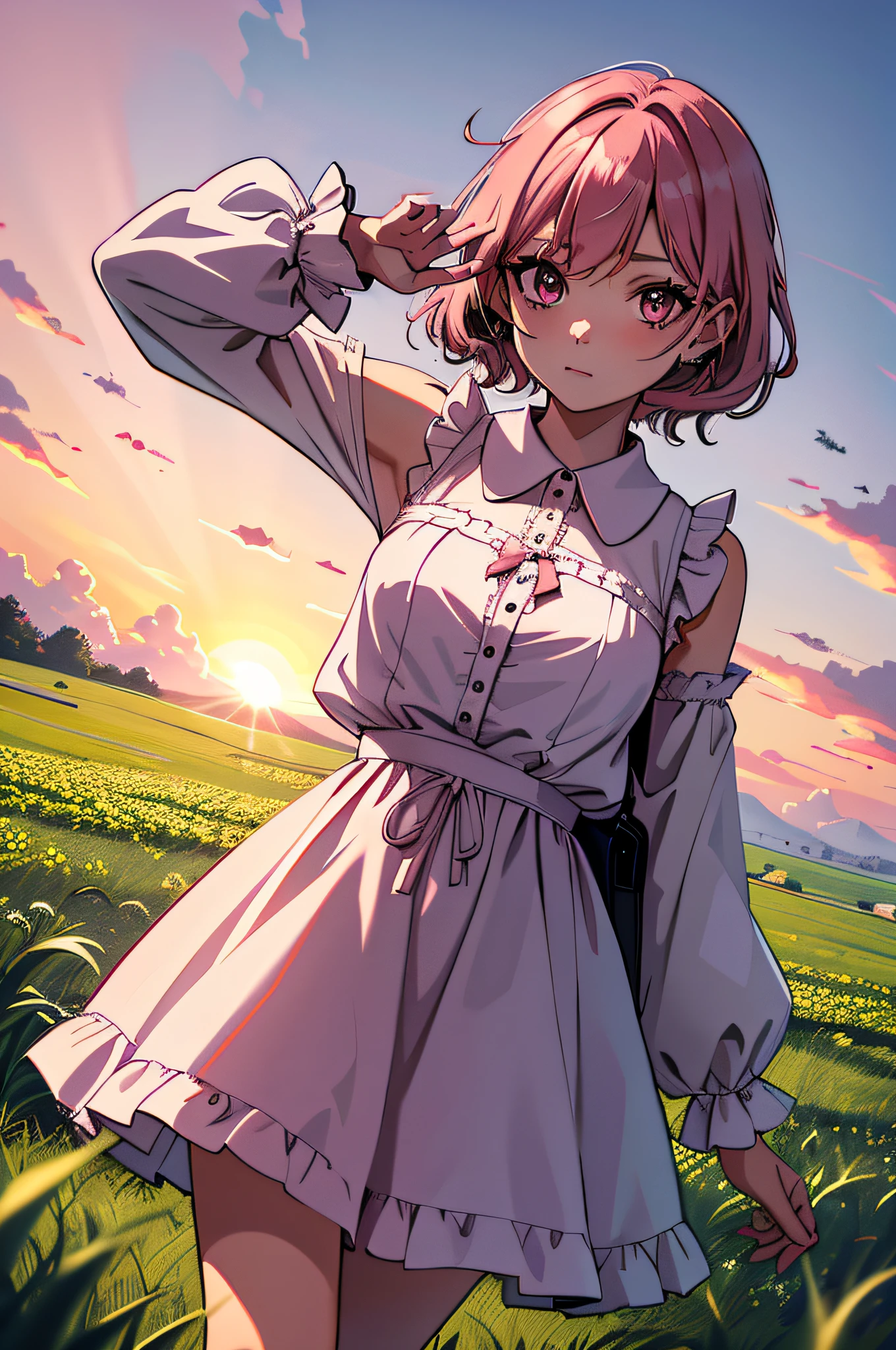 1female，grassy fields，Skysky，Short method，A pink-haired，dress，obliques，gentle，Pink eyes，Hand shade，Ruffle your hair