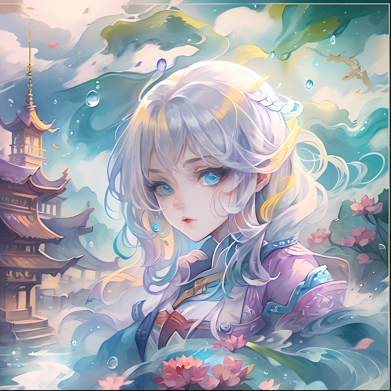 (tmasterpiece,best qualtiy,Super detailed CG,8k resolution wallpaper),(Extremely beautiful and exquisite work of art,Floating feeling,A high resolution,dynamic angle,dynamicposes),(1个Giant Breast Girl),blue color eyes,(Colorful hair+Silvery hair:1.3+red tinted hair:1.2+Purple colored hair+Yellow hair:1.3+Green hair:1.3),White martial arts costume,tiese,beautiful face,Thick water droplets,Clouds,eventide,in a panoramic view,the watercolor style