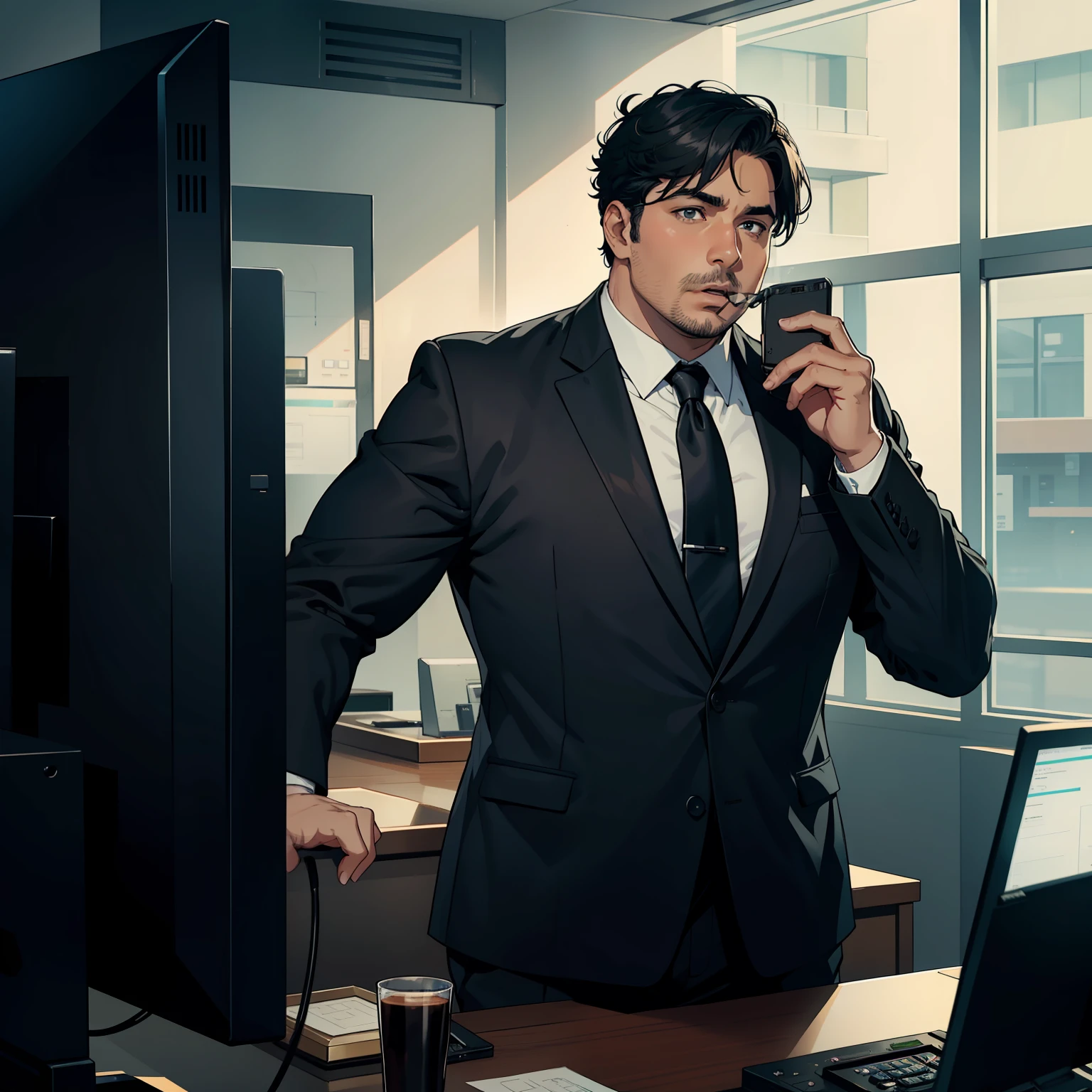 1 male，Slightly fat，Calling，to talk，Mouth open，Wearing a black suit uniform of the bank，At the bank counter