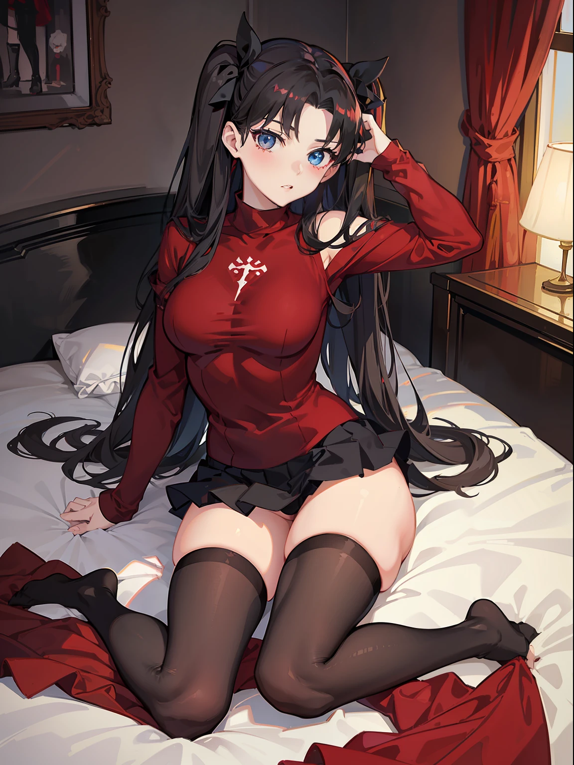 (best quality), [masterpiece], (rin tohsaka), sexy pose, breast, nudity, red sweater and black skirt, black thigh-highs, black twintails, blue eyes, on bed, white bed,hands on bed between thighs