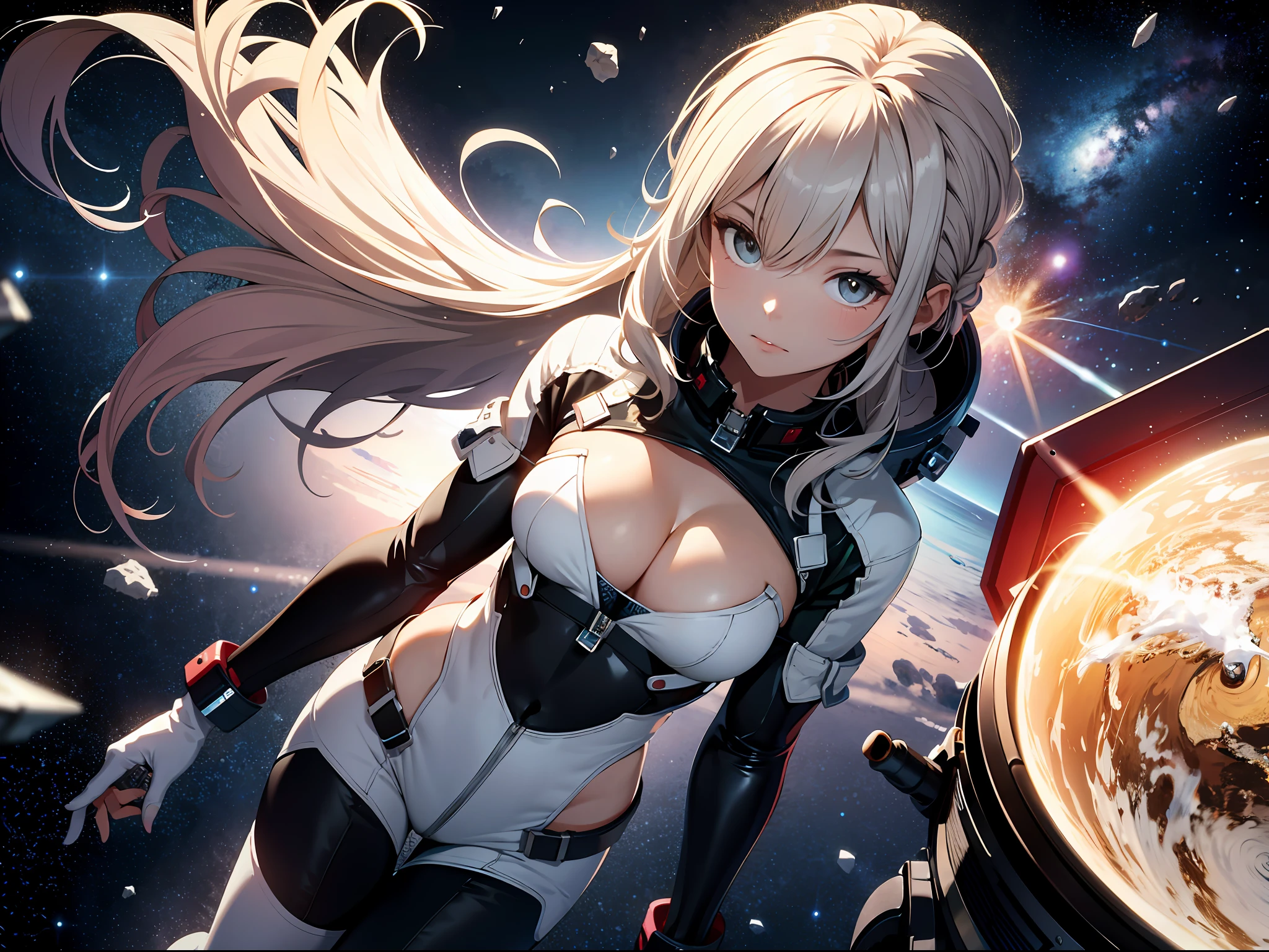 Ridiculous resolution, A high resolution, (Masterpiece:1.4), ultra - detailed, 1girll, looking from above, the space, afloat，cleavage，(Spacesuit 1.2)，particle fx
