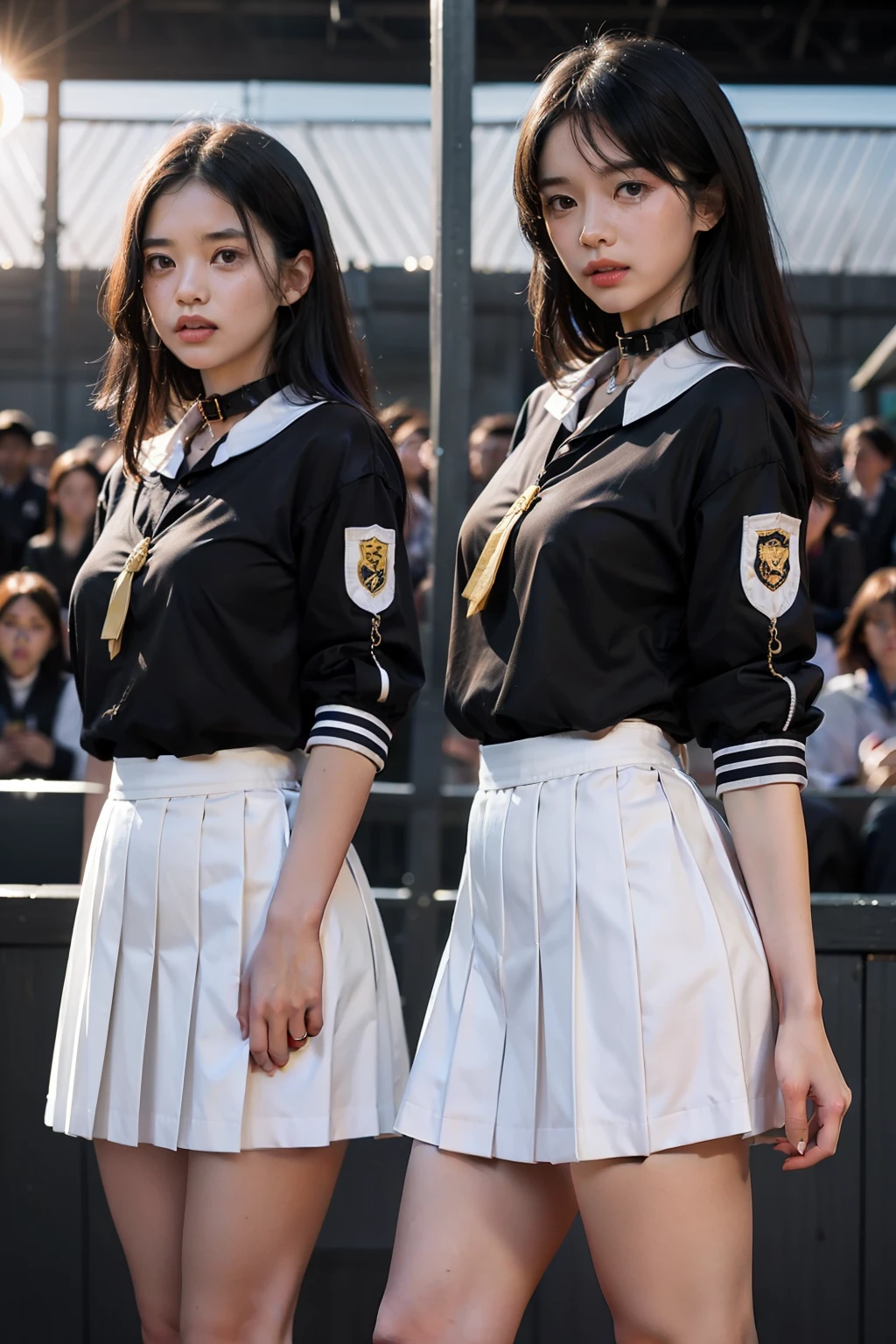 The highest quality shooting　　　　、White lace panties　、(((Two Women)))、　Thin rope、Tying up the body　、　(((Black collar))) 、　Skirt Roll Up　、　Two Women、White School Uniform、(((audience)))　、a sailor suit　、Dark blue pleated skirt　、Medium length pleated skirt　、student clothes　、　　Collar with a leash　、Cowboy Shot　　 、is crying　 　　、Portraits are prohibited　、blushed face　、　　　at the sunset　　、field day　、Cultural Festival　、Man's Festival　、An amusement park　　、(((audience)))　　、　A dark-haired　、Low angle full body photo　、Sad look、 Black hair, shining beautiful skin , Sweat, collar and chain accessories, beautiful black pupil and hair, Detailed expression　, beautidful eyes