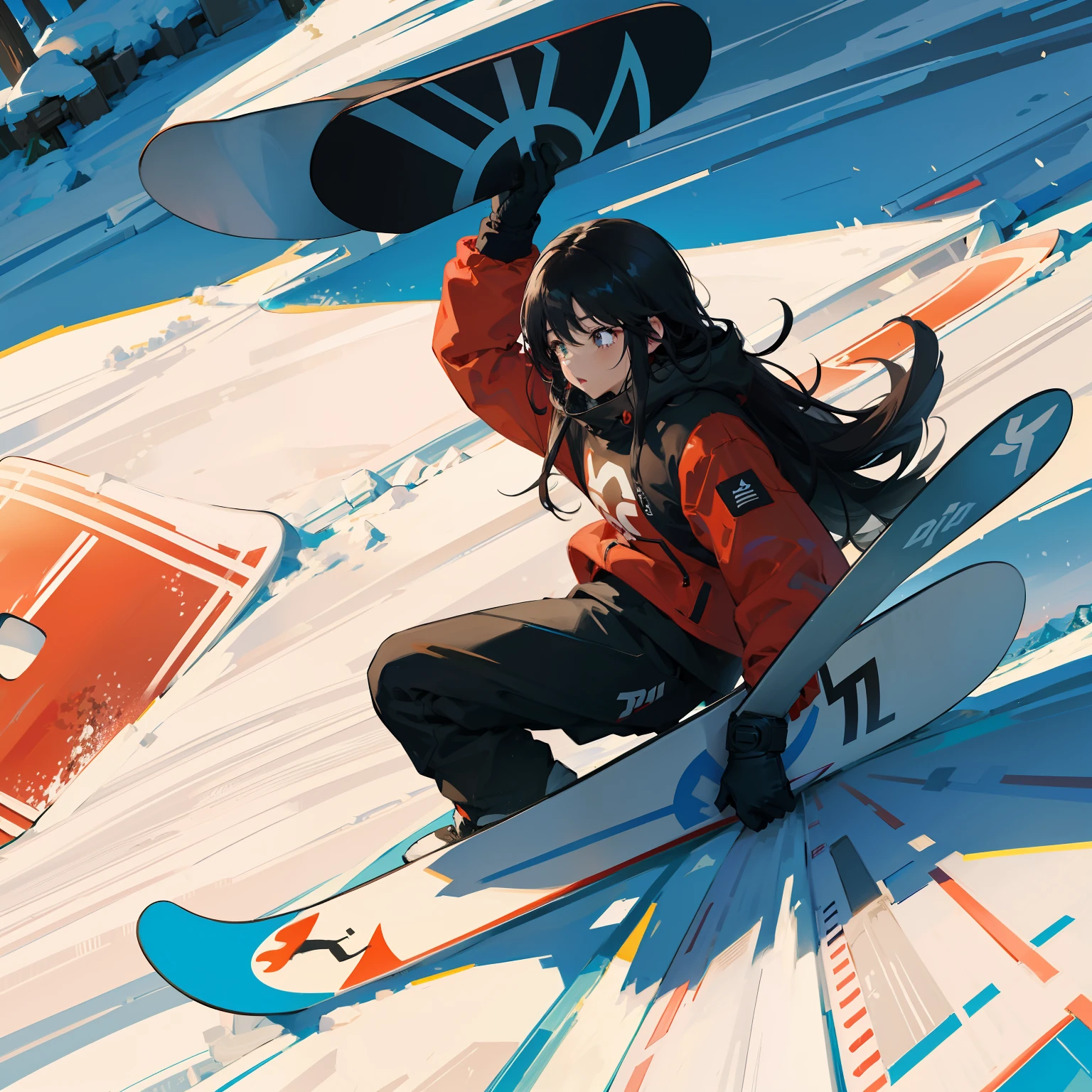 ​masterpiece、hightquality、vivd colour、(((Long Black Hair)))、(((Red Ski Wear)))、(((Play Snowboarding)))、(((Dynamic)))、(((freehand)))