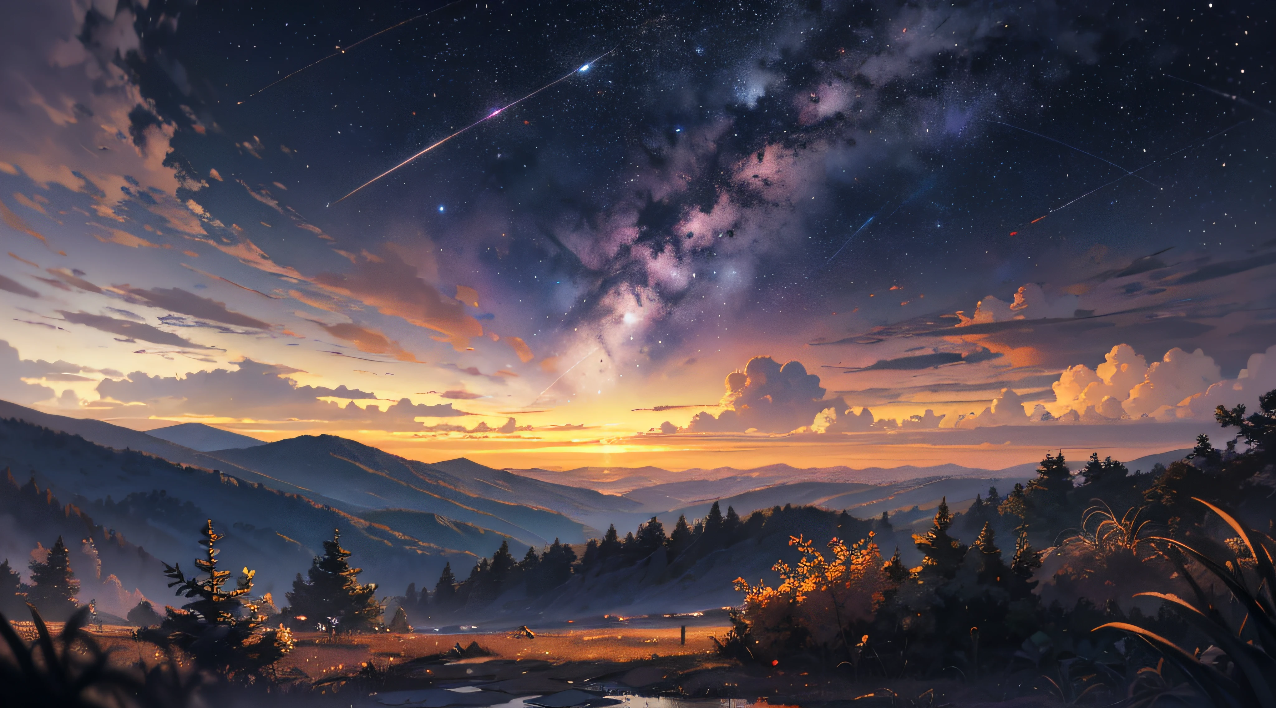 Expansive landscape photograph,(moon full:1.2),(meteors:0.9),(Starcloud:1.3),(Warm light source:1.2),(glowworm:1.2),lamp lights,Lots of purple and orange,Complicated details,Volumetriclighting,Realism BREAK(tmasterpiece:1.2),(best qualtiy),8K,Ultra-detailed,(dynamic compositions:1.4),The is very detailed,Colorful details,(Irridescent color:1.2),(luminouslighting,Atmospheric lighting),dream magical,magical,(独奏:1.2),((best qualtiy)), ((tmasterpiece)), (the detail:1.4),depth of fields,maximum definition and sharpness,perfectly proportions,Fluttering clouds,Wallpapers