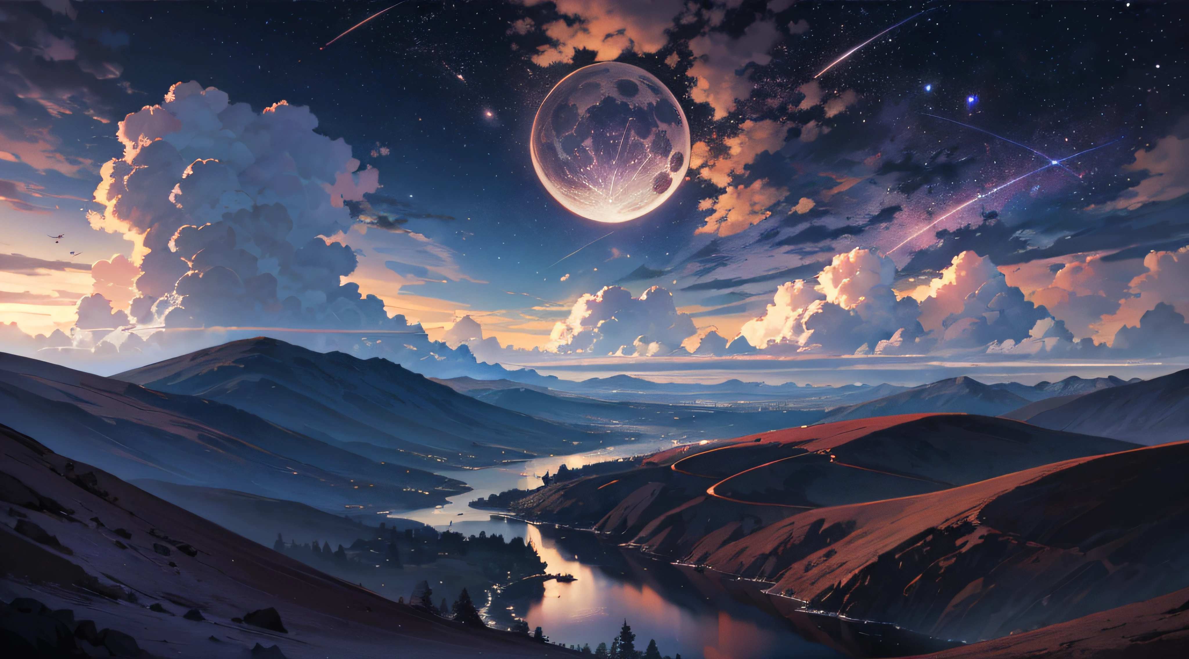 Expansive landscape photograph,(moon full:1.2),(meteors:0.9),(Starcloud:1.3),(Warm light source:1.2),(glowworm:1.2),lamp lights,Lots of purple and orange,Complicated details,Volumetriclighting,Realism BREAK(tmasterpiece:1.2),(best qualtiy),8K,Ultra-detailed,(dynamic compositions:1.4),The is very detailed,Colorful details,(Irridescent color:1.2),(luminouslighting,Atmospheric lighting),dream magical,magical,(独奏:1.2),((best qualtiy)), ((tmasterpiece)), (the detail:1.4),depth of fields,maximum definition and sharpness,perfectly proportions,Fluttering clouds,Wallpapers