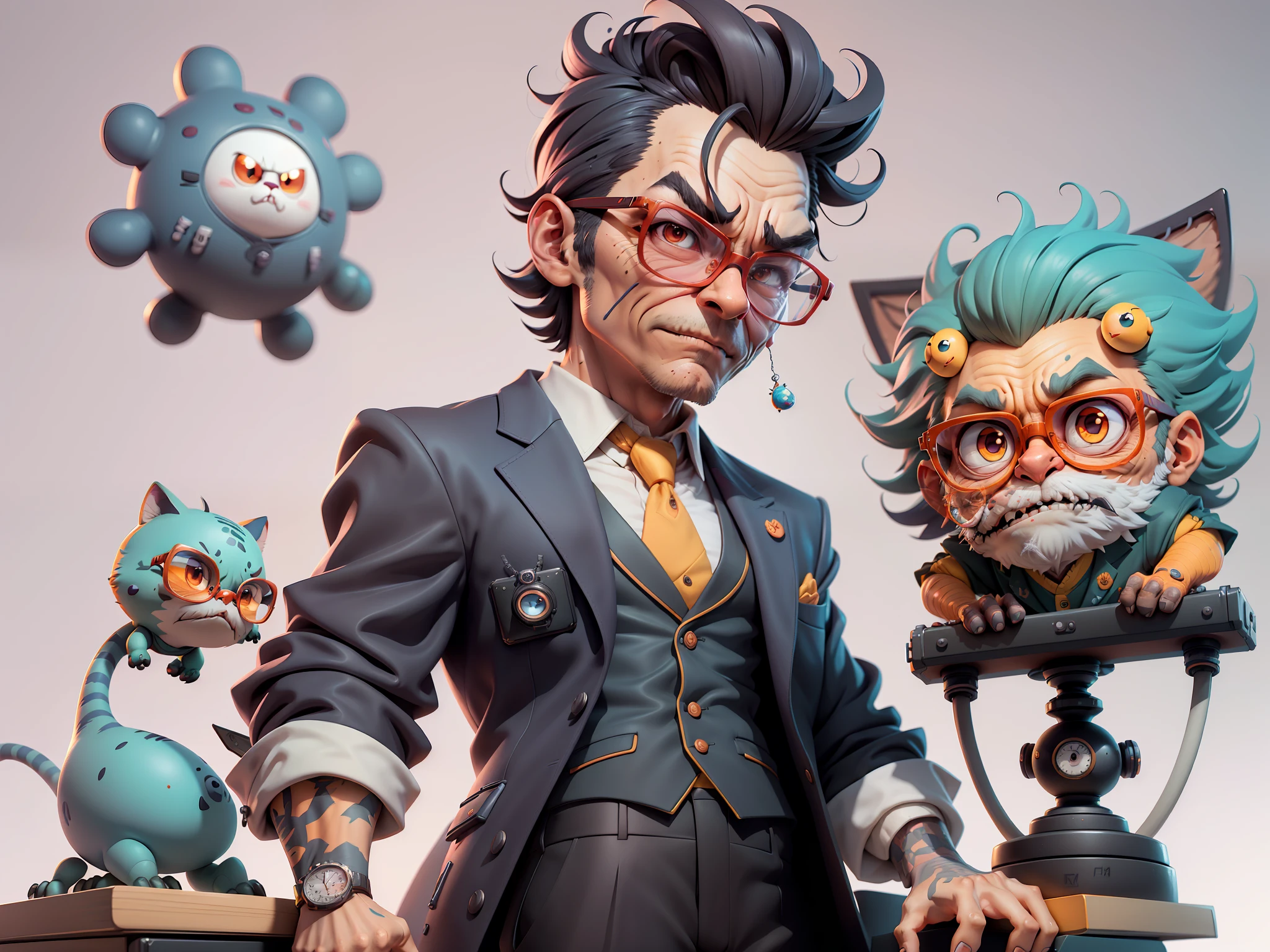 A young man in a suit and pants, Short hair and glasses sat at his desk，holding laptop，digitial painting，tigre，3D character design by Mark Clairen and Pixar and Hayao Miyazaki and Akira Toriyama，4K HD illustration，Very detailed facial features and cartoon-style visuals。