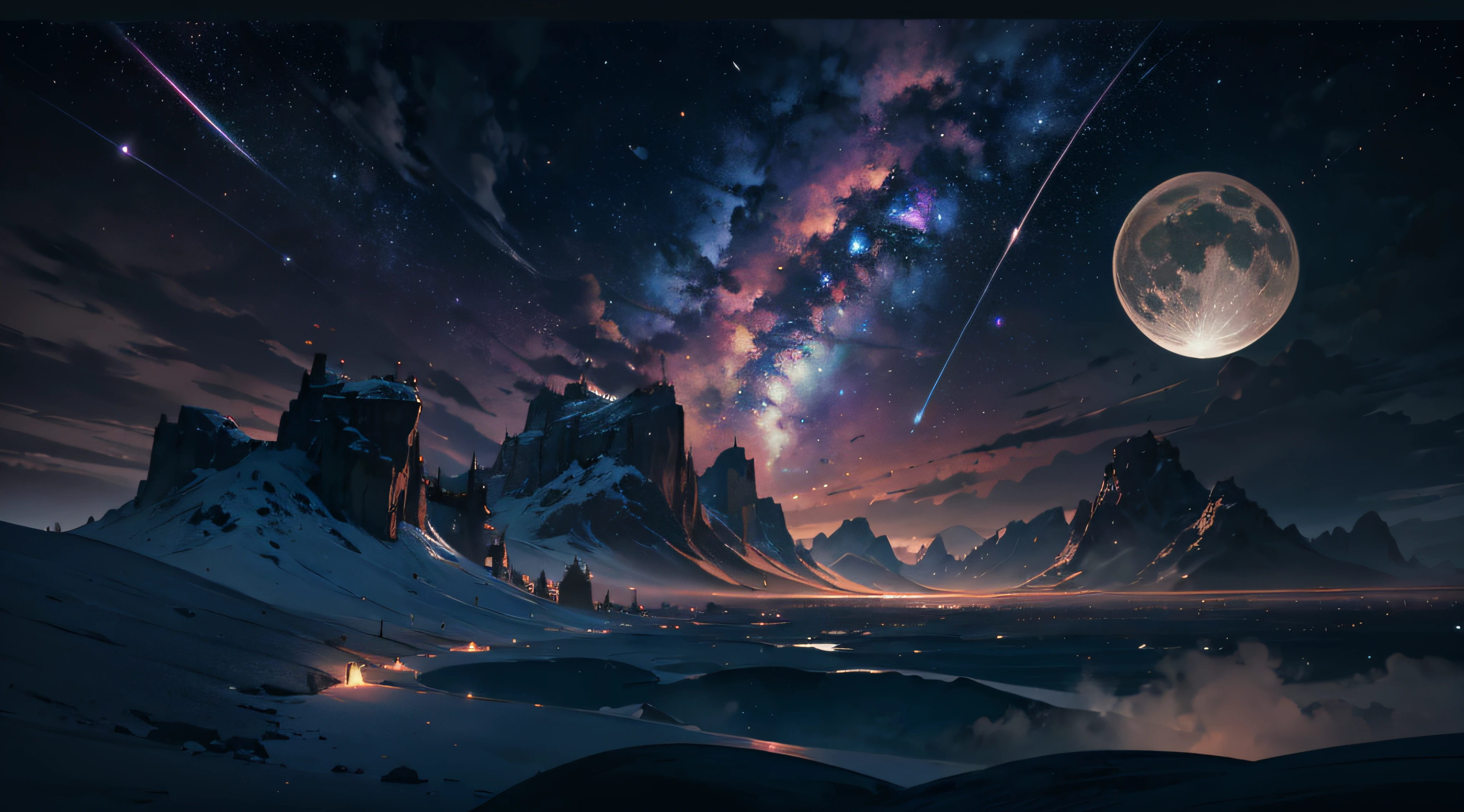 Expansive landscape photograph,(moon full:1.2),(meteors:0.9),(Starcloud:1.3),(Warm light source:1.2),(glowworm:1.2),lamp lights,Lots of purple and orange,Complicated details,Volumetriclighting,Realism BREAK(tmasterpiece:1.2),(best qualtiy),8K,Ultra-detailed,(dynamic compositions:1.4),The is very detailed,Colorful details,(Irridescent color:1.2),(luminouslighting,Atmospheric lighting),dream magical,magical,(独奏:1.2),((best qualtiy)), ((tmasterpiece)), (the detail:1.4),depth of fields,maximum definition and sharpness,perfectly proportions,Fluttering clouds,Wallpapers