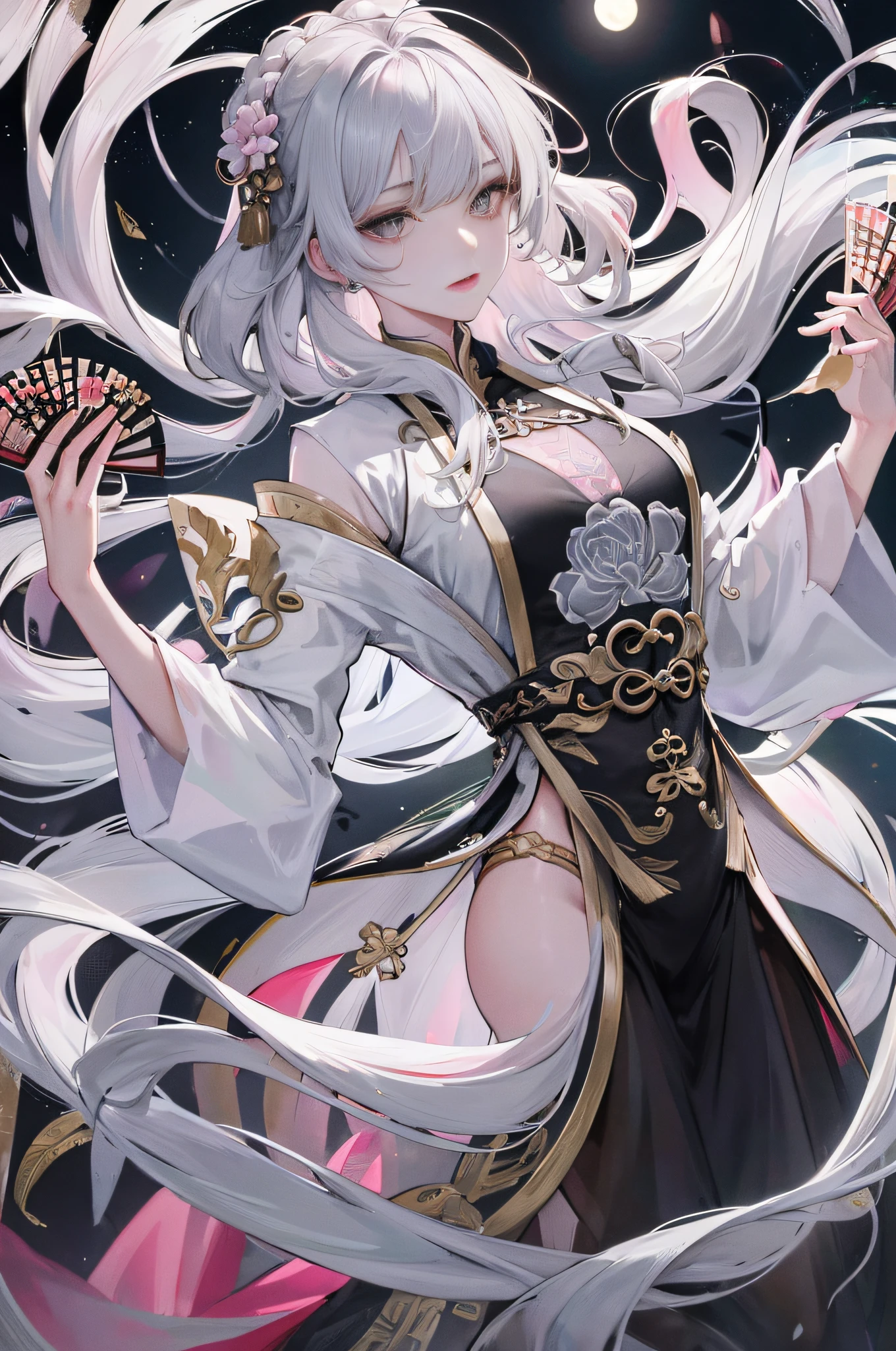 8K, Masterpiece, Best quality, Night, full moon, 1 girl, Chinese style, Chinese architecture, Mature woman, sister, Silver white long haired woman, Long hair, Light pink lips, calm, Logical, bangs, Gray pupils, assassins, Fan, Knife fan, petal dancing, Delicate face,