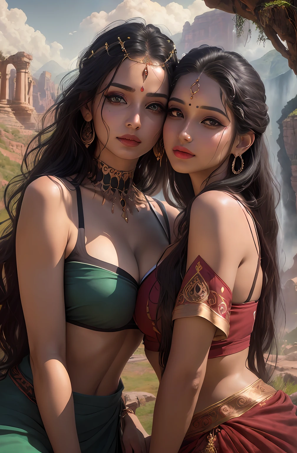 ((realistic:1.5)),((best quality)), ((masterpiece)),((detailed)),2girls,duo,{2 beautiful female}, (upper body:1.3),hugging and touching each other, teasing her friend's waist, gasping friend, biting her friend's ear lobe, squatting,super-wide-angle lens,face focus,long legs,curvy, barefoot, medium breasts, open cleavage,long black hair,floting hair,long eyelashes, (detailed face,beautiful eye, detailed pupilss,detailed clothes features, clear background:1.3), (Bindi,Jhumkas:1.3),mysterious ancient ruin, lush forests, deep canyons,bridge,river,cliff,cloud,lakes,rock,waterfalls, flowers, grass,vine,tree,bright details,sharp,perfect composistion, Intricate, Sharp focus, dramatic,