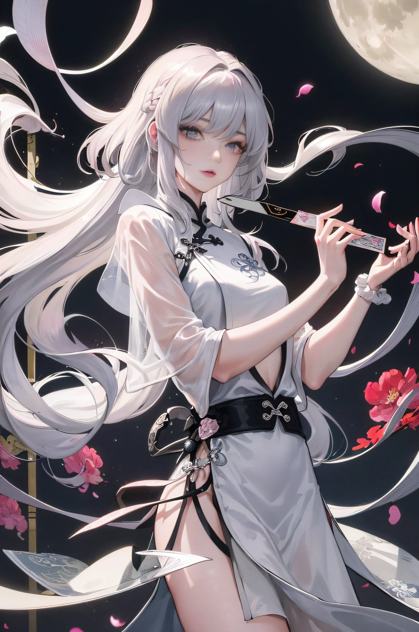 8K, Masterpiece, Best quality, Night, full moon, 1 girl, Chinese style, Chinese architecture, Mature woman, sister, Silver white long haired woman, Long hair, Light pink lips, calm, Logical, bangs, Gray pupils, assassins, Fan, Knife fan, petal dancing, Delicate face,