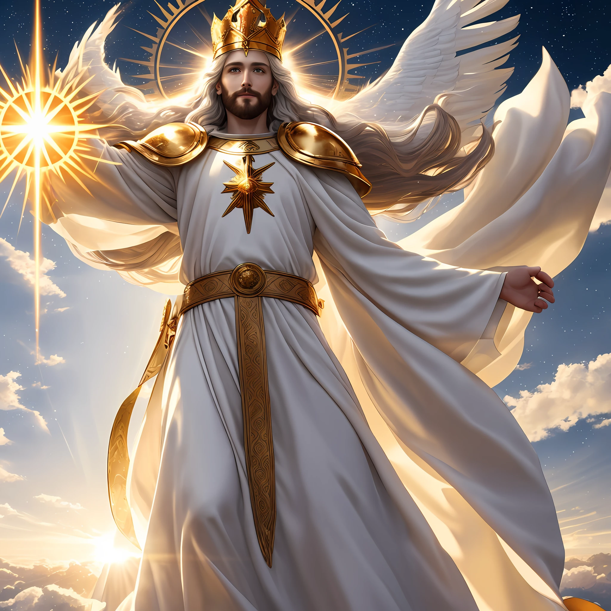 Jesus second coming in the heavens, face like the midday sun, crown, a tunic and a golden breastplate, hair as white as snow, eyes as flames of fire, feet as refined bronze in the furnace, light smile, Surrealism, backlighting, cinematic lighting, high quality, high details, best quality