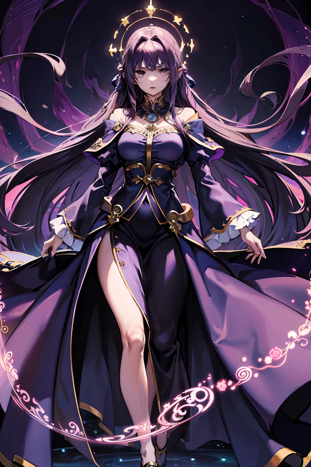 a pregirl,tarot cards,mistic,Tarot card surrounding,Long hair and long skirt,purpleish color,the night,Long hair flying,starlights,magestic,light circles,Huge formation,The light is scattered,tmasterpiece, 8k。