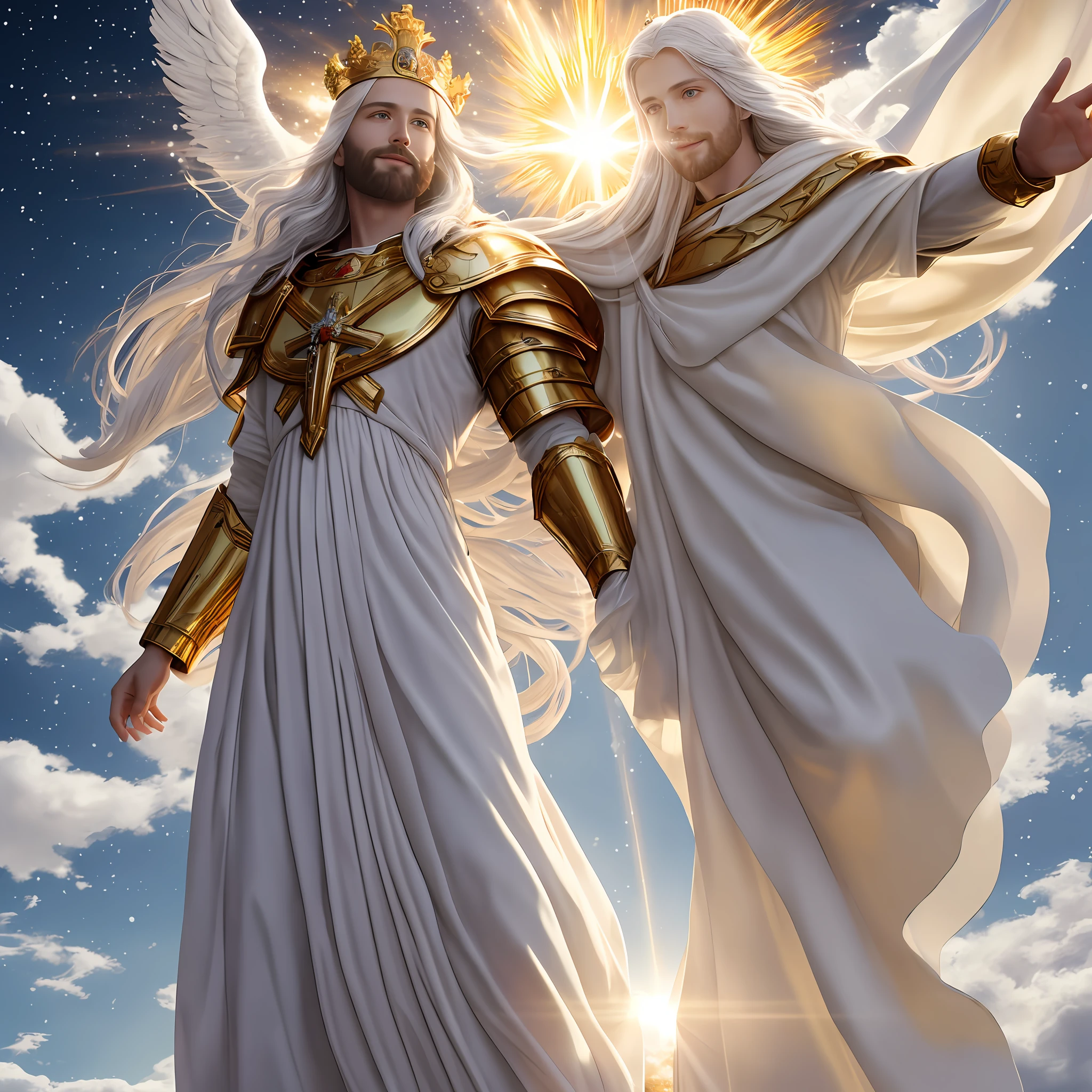 Jesus second coming in the heavens, face like the midday sun, crown, a tunic and a golden breastplate, hair as white as snow, eyes as flames of fire, feet as refined bronze in the furnace, light smile, Surrealism, backlighting, cinematic lighting, high quality, high details, best quality