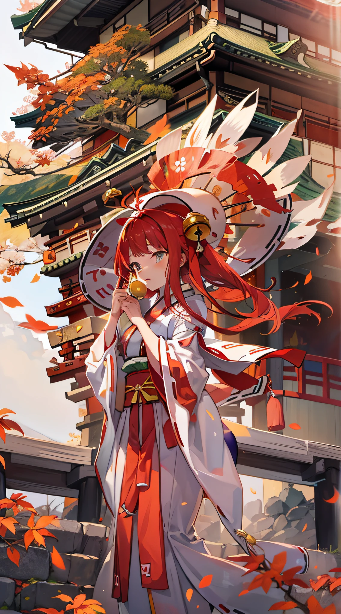 (Japan Priestess:1.5)，Kikyou，(Kagura Bell:1.5)，head gear，Mossy stone steps，falling leaf，Japanese temple background，Red hair，red headgear，Red highlight，the setting sun，strong winds，god light, detail shaded， dream colors，low angles，dream magical，large scene