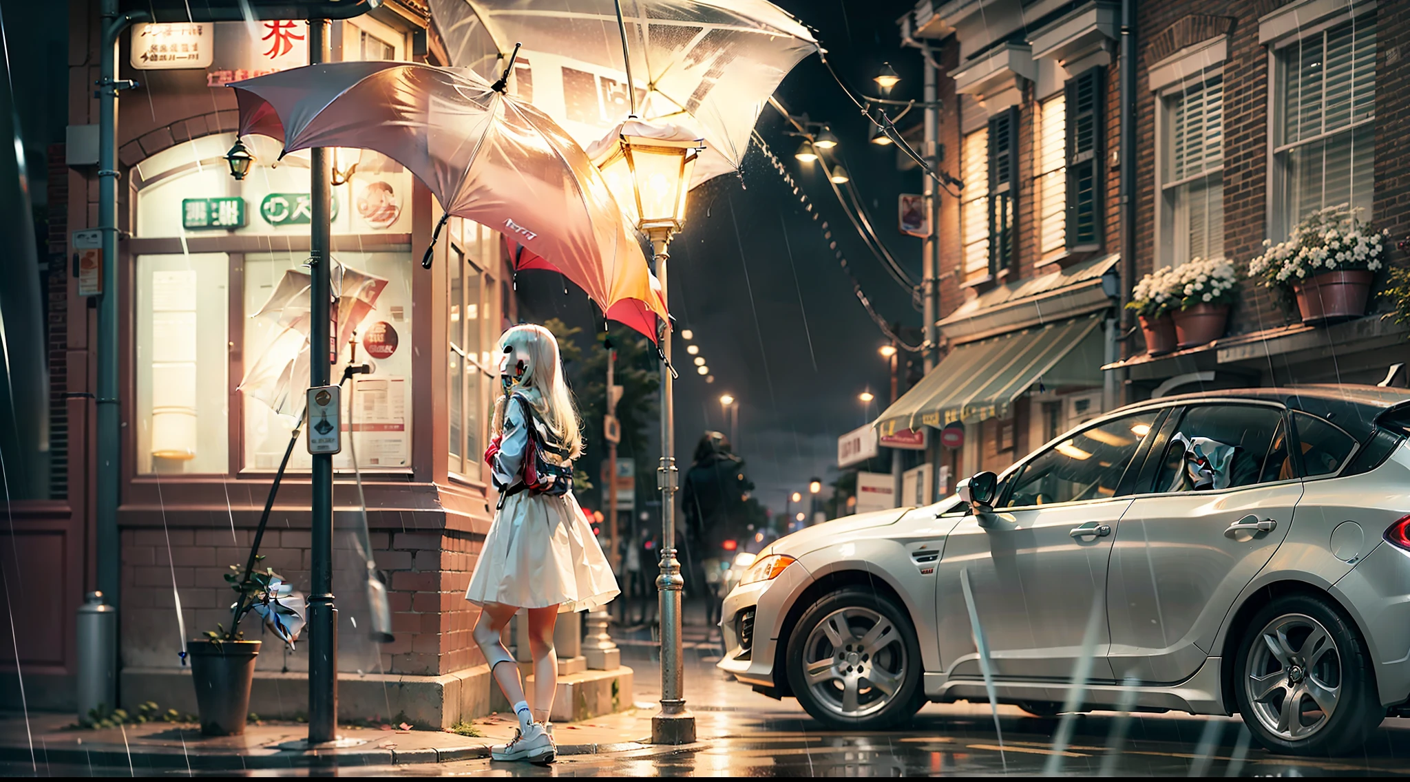 Lonely age girl waiting under a street lamp,long whitr hair,white skirt,umbrellas,early evening,little bit of raining