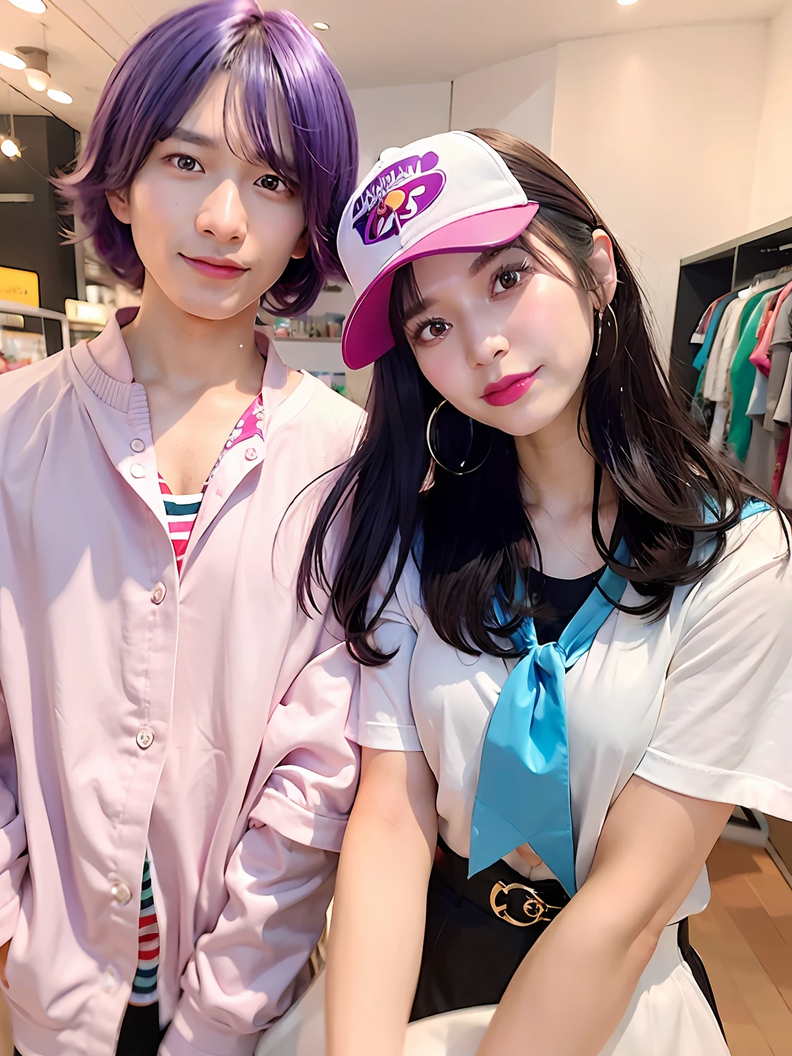 they are posing for a picture in a store with a purple wig, kda and sam yang, 2 d anime style, 2 d anime, anime cosplay, nixeu and sakimichan, masayoshi suto and artgerm, sakimichan and frank franzzeta, frank franzzeta and sakimichan, anime style only