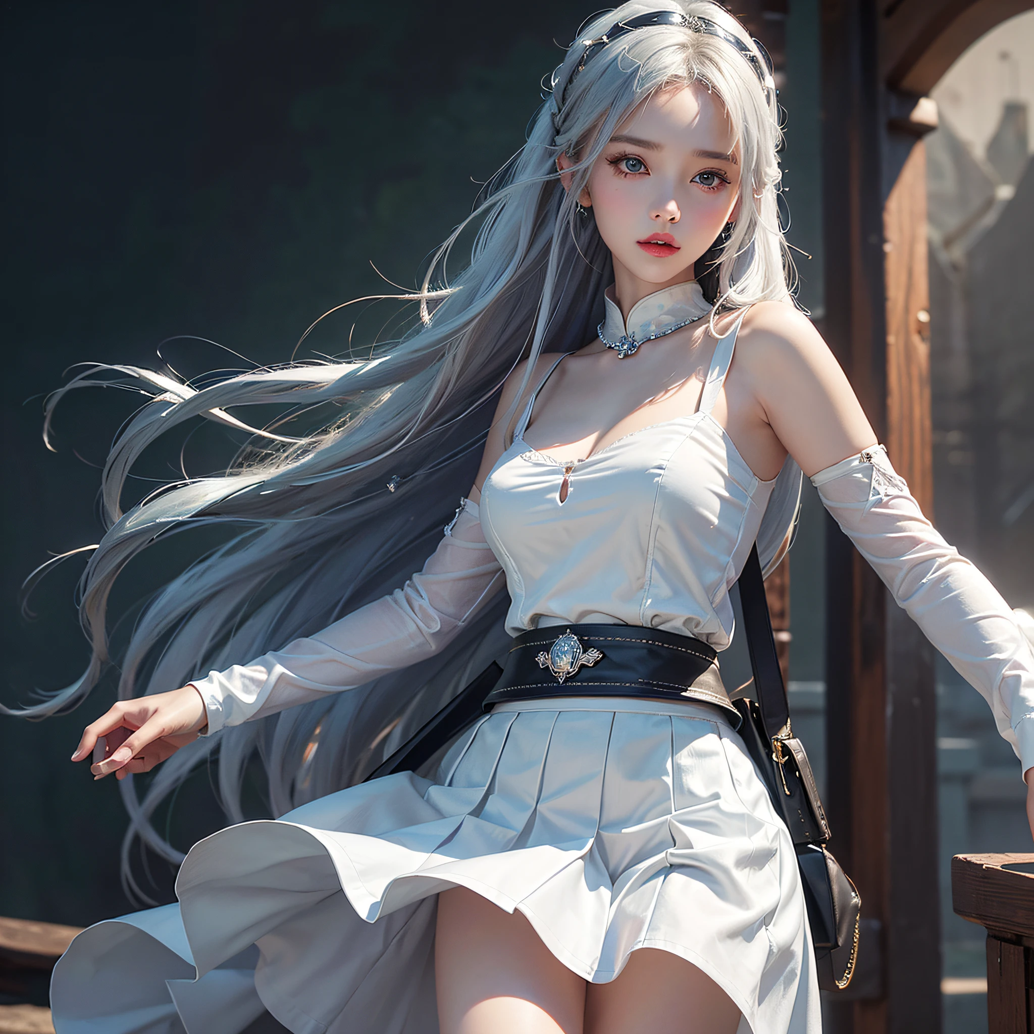 (Front focus),(in the darkness nigth:1.6),Playful and cute smart girl,ultra-realistic eyes,Red lips,Fantasyart,photographrealistic,动态照明,art stations,Artistic photos,Volumetriclighting,Very detailed realistic faces,Ultra-delicate skin,1girll, On clean and fresh fill-in-the-blank background, deepshadow, low tune, White top,Cowboy shot, (a skirt:1.4), long whitr hair, Render color hair,Wear pearl hair accessories,A close-up of a close-up face above the shoulders。