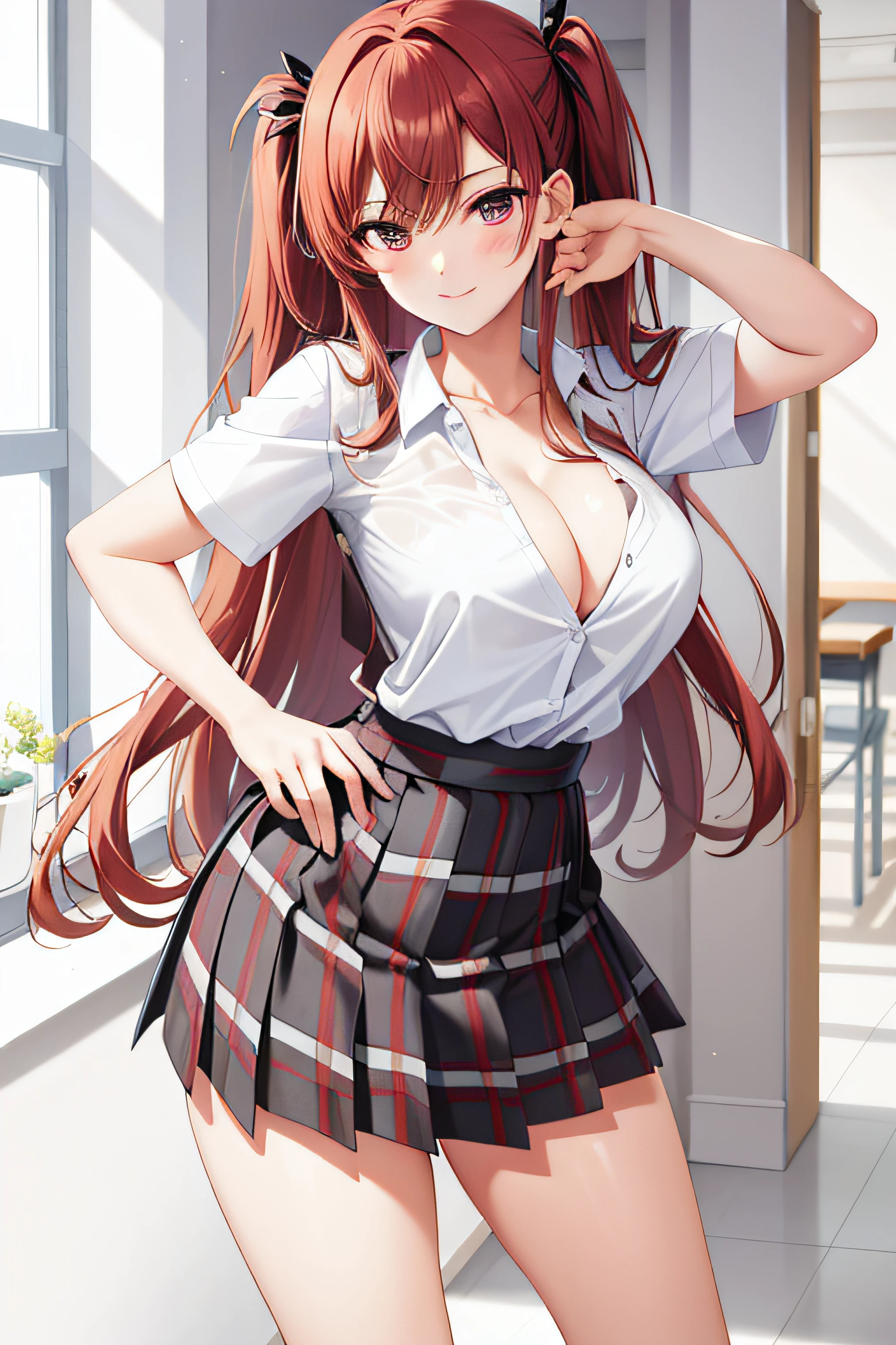 masterpiece, best quality, absurdres, perfect anatomy, 1girl, solo, Sena Kashiwazaki, st. chronica academy school uniform, dress shirt, plaid skirt, downblouse, cleavage, leaning forward, arms behind back, standing, smile, red hair, white eyes, long legs, plaid skirt, godess,