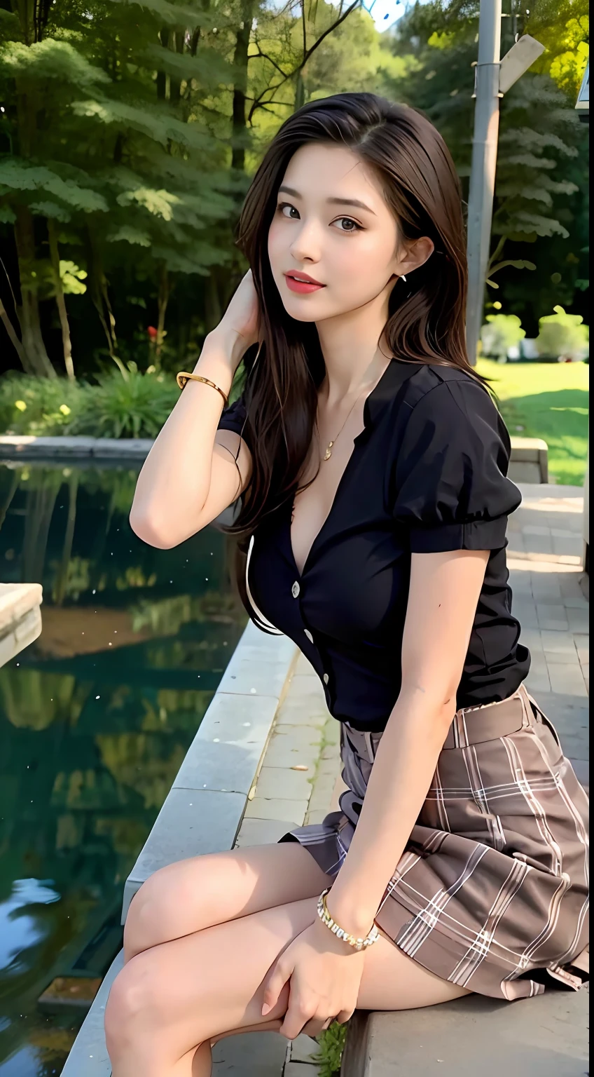 nsfw, 8K raw photo, Best quality, masterpiece, ultra high res, film grain, filmg, 1girl, looking at viewer, natural skin texture, realistic eye and face details, full lips, lipstick, (makeup), red eyeshadow, fluffy short hair, messy hair, smile, close mouth, beautiful legs, tall female, skinny, slim_legs, solo, enormous breast, cleavage, Pose with buttocks facing you, ultra short skirt, ass, shirt, beautiful nature location, around flower location, (detailed background), plaid skirt, white shirt, enormous breast, cleavage, Show a little cleavage through the shirt, loafers, blurry background, blurry, holding, plaid, short sleeves, jk ribbon on the neck, jk ribbon, brown hair, bracelet, water, bangs, school uniform, jewelry, parted lips, lips, from side, pleated skirt, depth of field