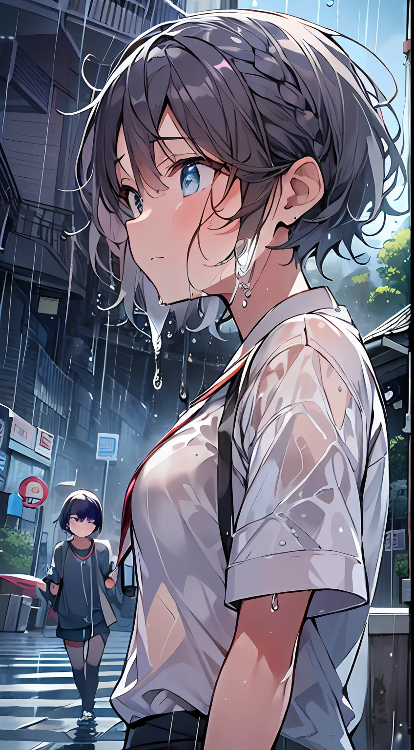 masutepiece, Best Quality,Illustration, Wallpaper, Ultra Detail, absurderes, 1girl in, Solo, (Medium short hair、short braided hair), Beautiful detailed eyes, rainfall、water dripping、wetting hair , Looking to the side, (Street:1.5), Cloudy sky、Bright scenery