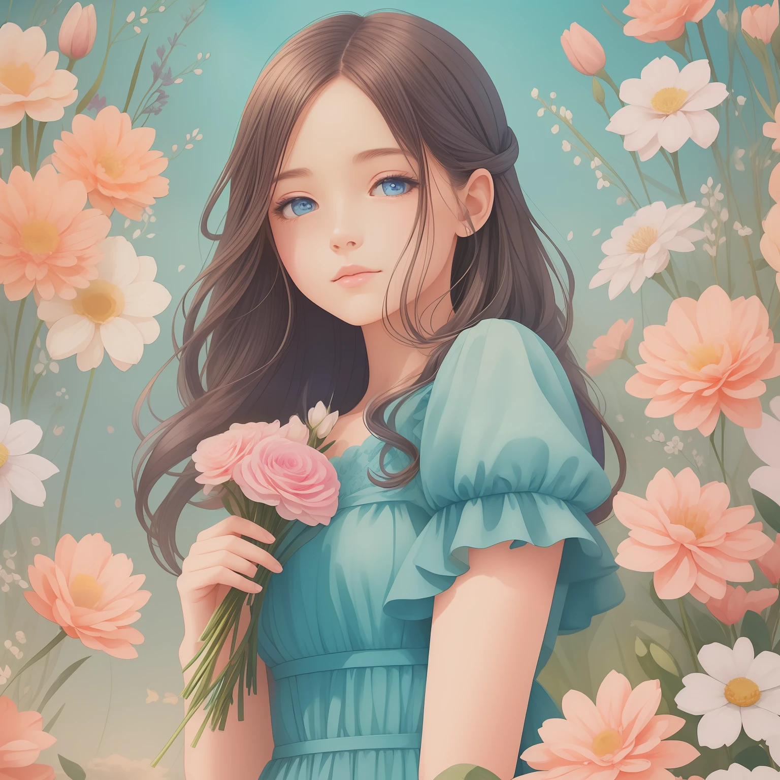 a girl in a blue dress holding a bouquet of flowers, com flores, trending on artstration, a beautiful artwork illustration, Belo estilo de arte, Estilo de desenho bonito, watercolor illustration style, com flores congeladas ao seu redor, nas flores, No Bowater Art Style, Soft anime illustration, beautiful illustration, Beautiful digital illustration, exquisite digital illustration, cute illustration
