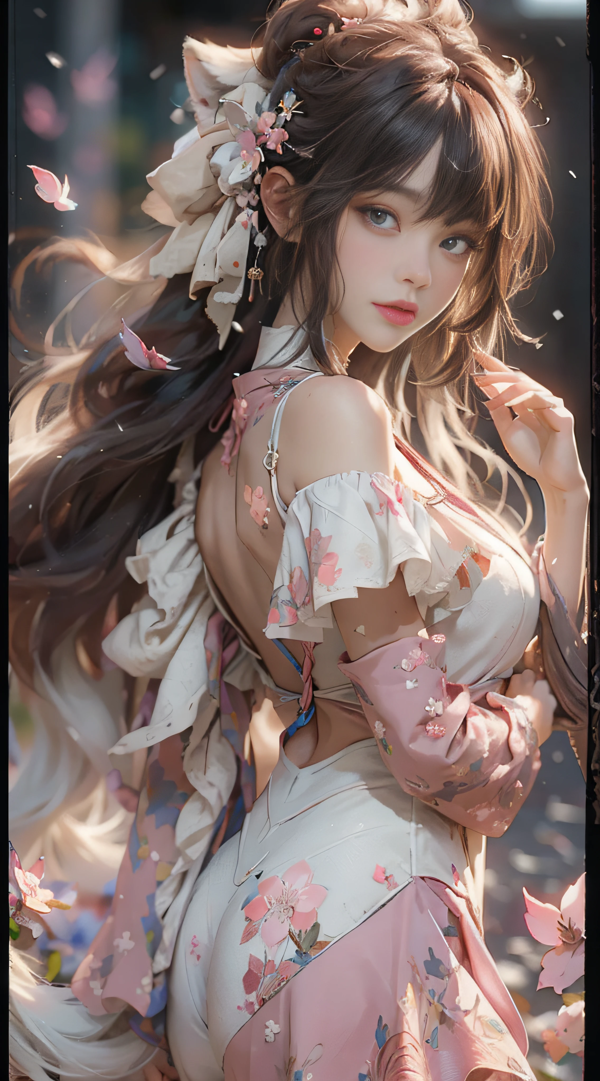 ((best qualtiy)), ((tmasterpiece)), (detail:1.4), Beautiful cyberpunk female images,hdr(HighDynamicRange),Ray traching,NVIDIA RTX,Hyper-Resolution,illusory 5,sub surface scattering,PBR textures,post-proces,Anisotropy Filtering,depth of fields,maximum definition and sharpness,Many-Layer Textures,Albedo e mapas Speculares,Surface coloring,Mitsu-Accurate simulation of material interactions,perfectly proportioned,rendering by octane,Two-colored light,largeaperture,Low ISO,White balance,Rule three points、8K raw data、Beautiful bright blue pupils,off-the-shoulder clothes,Fine pupils,Delicate face and eyes,long eyelasher,Blushlush,Delicate and fluffy hair,pink lip,Pure,Cute face,Sweet girl,Artistic sense,Casual wear,Advancedsense,butterflys,Cherry blossom petal,Beautiful hair accessories,Long hair and waist,Hair fluttering in the wind,Snow-white fox ears,curlies,Snow-white fluffy tail,Positive light,The light from the back window is backlighted